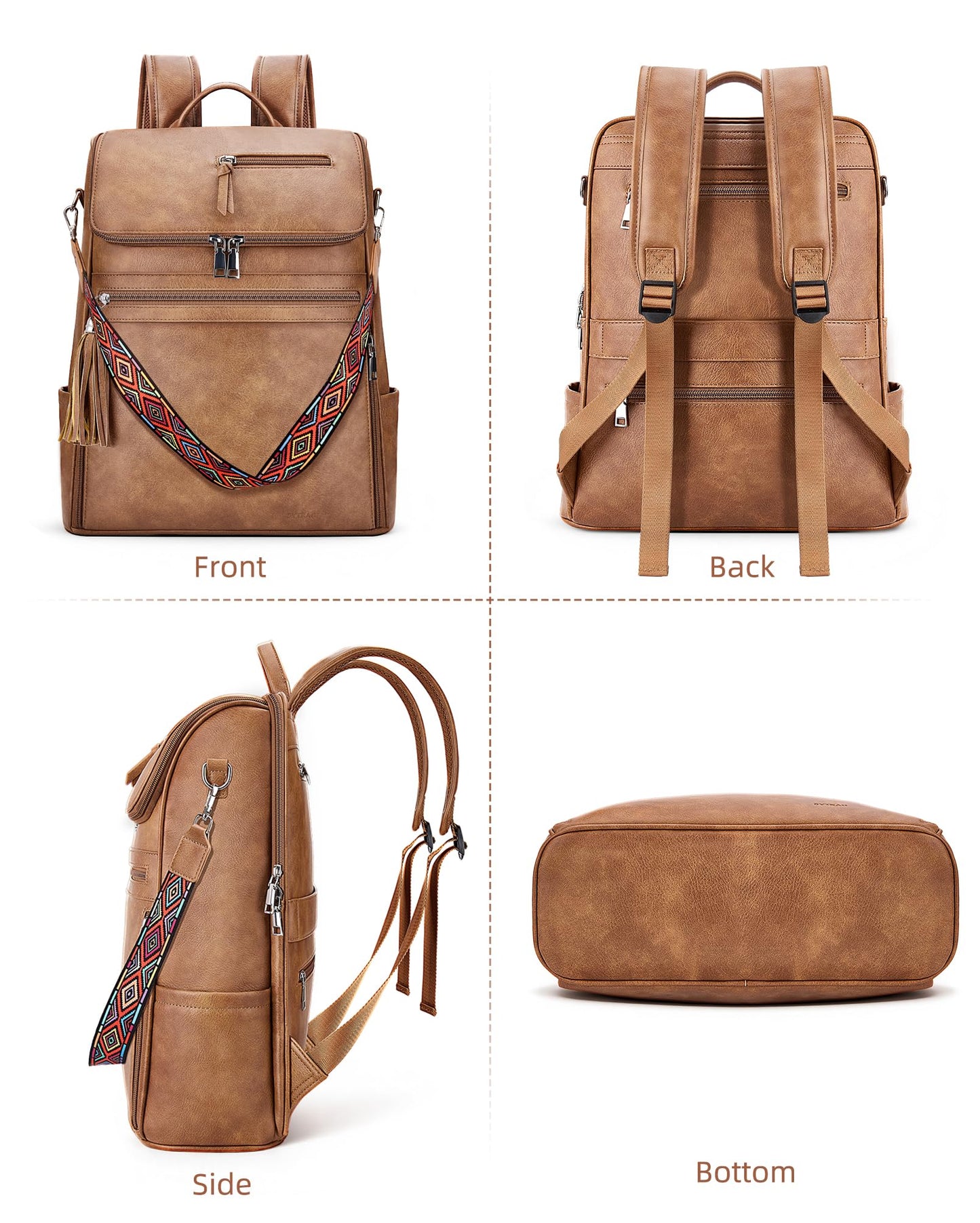 SYTRAH Leather Laptop Backpack for Women Designer Laptop Bag, 16.5 inch Travel Computer Backpacks Purse with Tassel for Work Business Brown