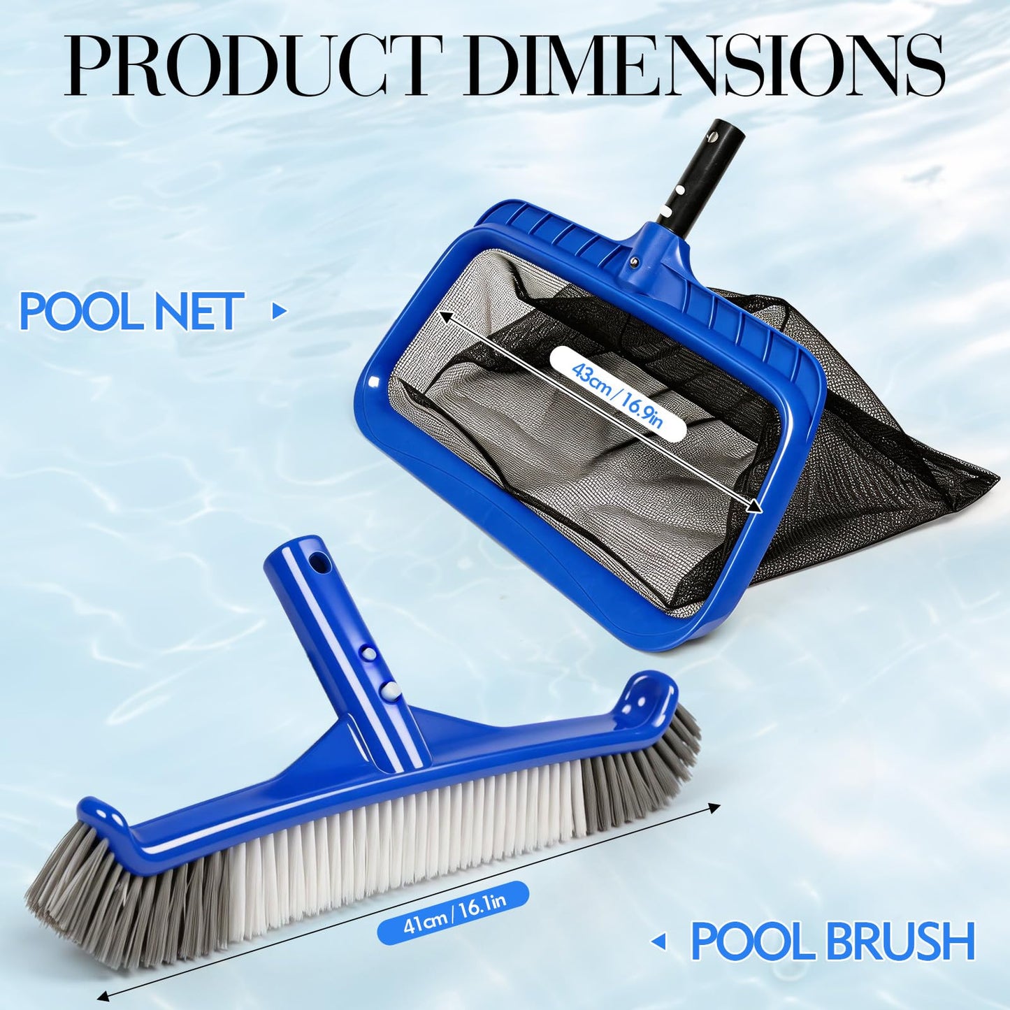 2 in 1 Cleaning Kit – 43cm Pool Skimmer Net with Deep Bag & 41cm Pool Brush Head for Cleaning, Heavy Duty Leaf Rake Skimmer Net for Removing Leaves & Debris, Fits Standard Pool Pole