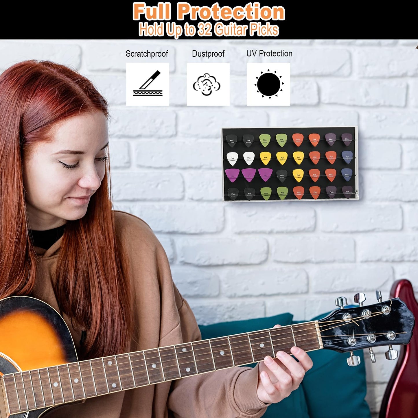 TXEsign Guitar Pick Wall Mount Display Case for Picks Storage and Display, Guitar Pick Display Frame Acrylic Storage Box Picks Organizer Hold Up to 32 Guitar Picks (Black)