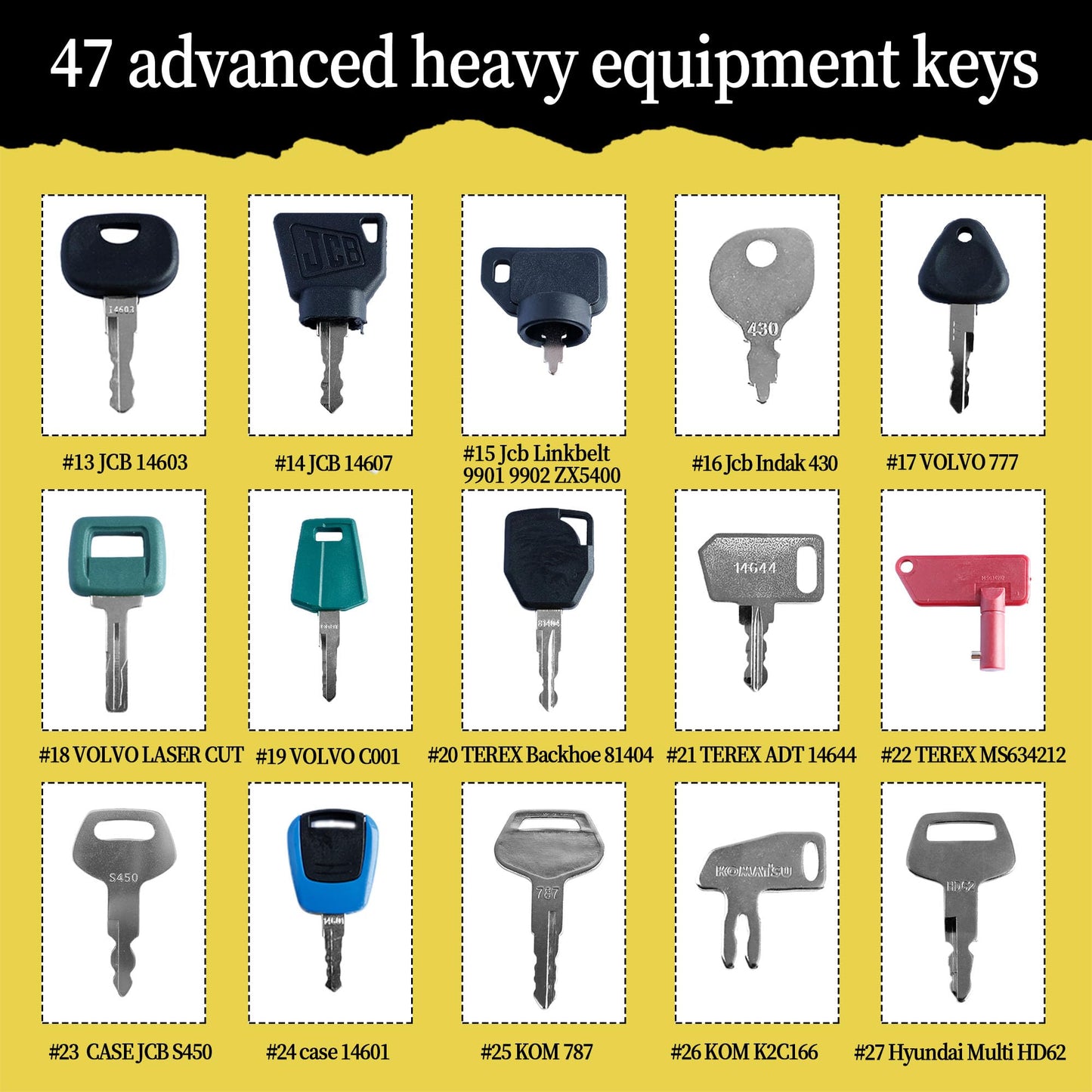 KVI 47 Heavy Equipment Keys Master Set, Fits John Deere Caterpillar CAT Key Kubota Forklift Bobcat Komatsu Takeuchi JCB Volvo etc.