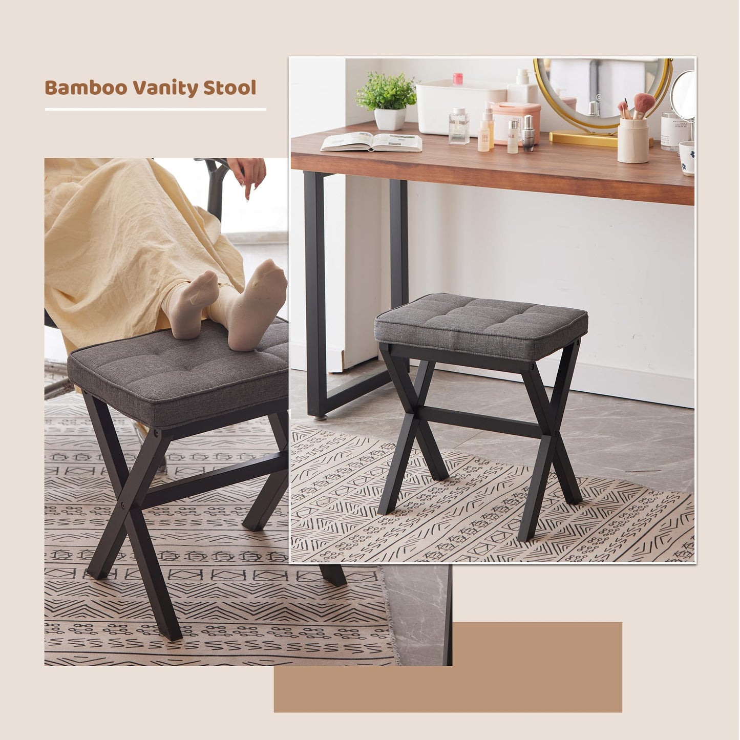 FILWH Foot Stool Small Ottoman Padded for Under Office Desk, Vanity, Sofa - Bamboo Footrest Shoe Stool (Black Legs + Gray)