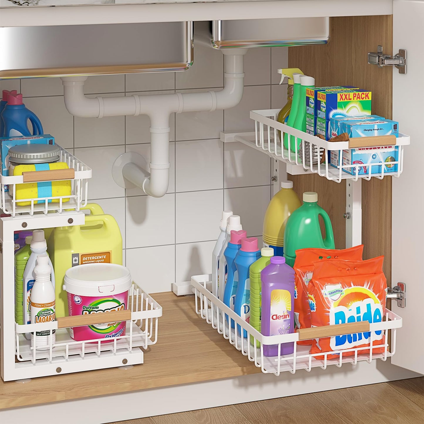 ADRIMER Under Sink Organizer 2 Packs, Pull Out Kitchen Sink Organizer, 2 Tier Slide Out Kitchen Organizers and Storage Premium Metal Cabinet Storage Shelf, White