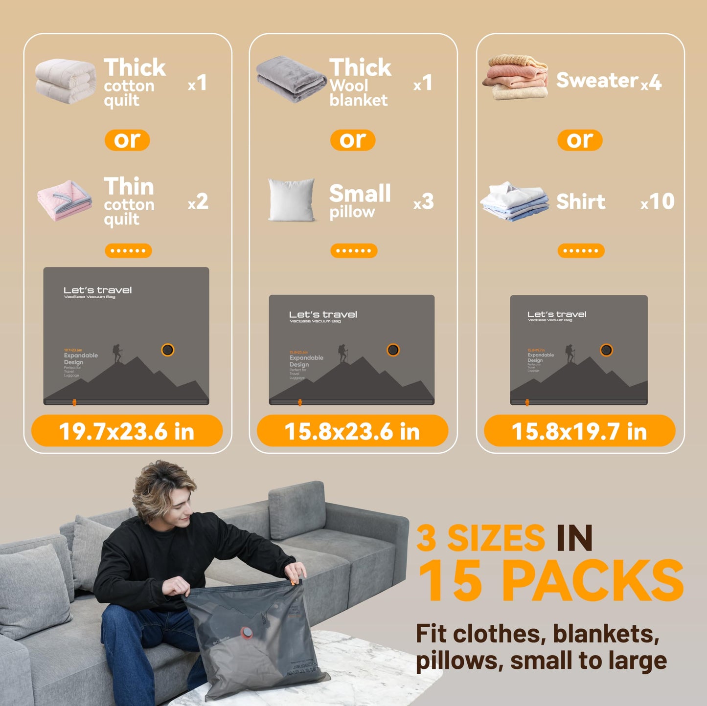 Rechargeable Wireless Pump Travel Storage Bags Set - 15 Pack Portable Space Saver Bags for Travel & Home - Vacuum Compression Packing Seal for Clothes, Blankets, Seasonal Storage