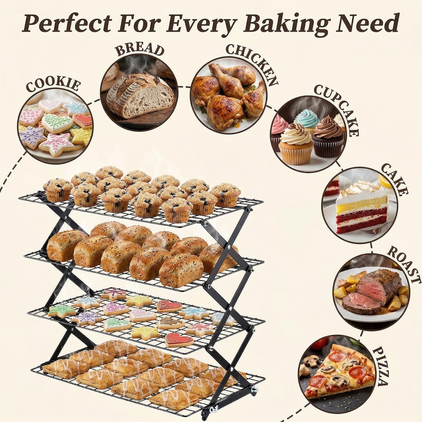 SCDGRW 4-Tier Collapsible Baking Cooling Rack, Small Grid Wire with 3 Adjustable Modes, Non-Stick Heavy Duty Wire Cooling Rack for Roasting, Cooking, Drying