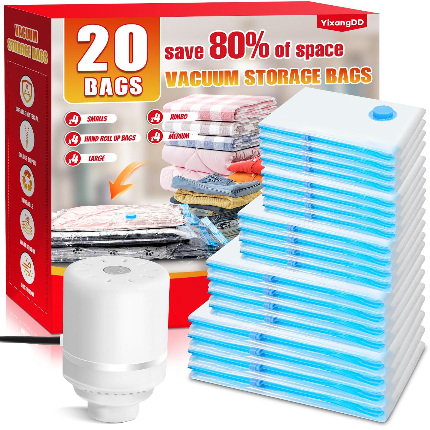20 Pack Vacuum Storage Bags, Vacuum Sealer Bags for Clothes(4 Jumbo, 4 Large, 4 Medium, 4 Small, 4 Roll) Compression Bags for Travel, Blankets, Bedding, Rechargeable Pump Included