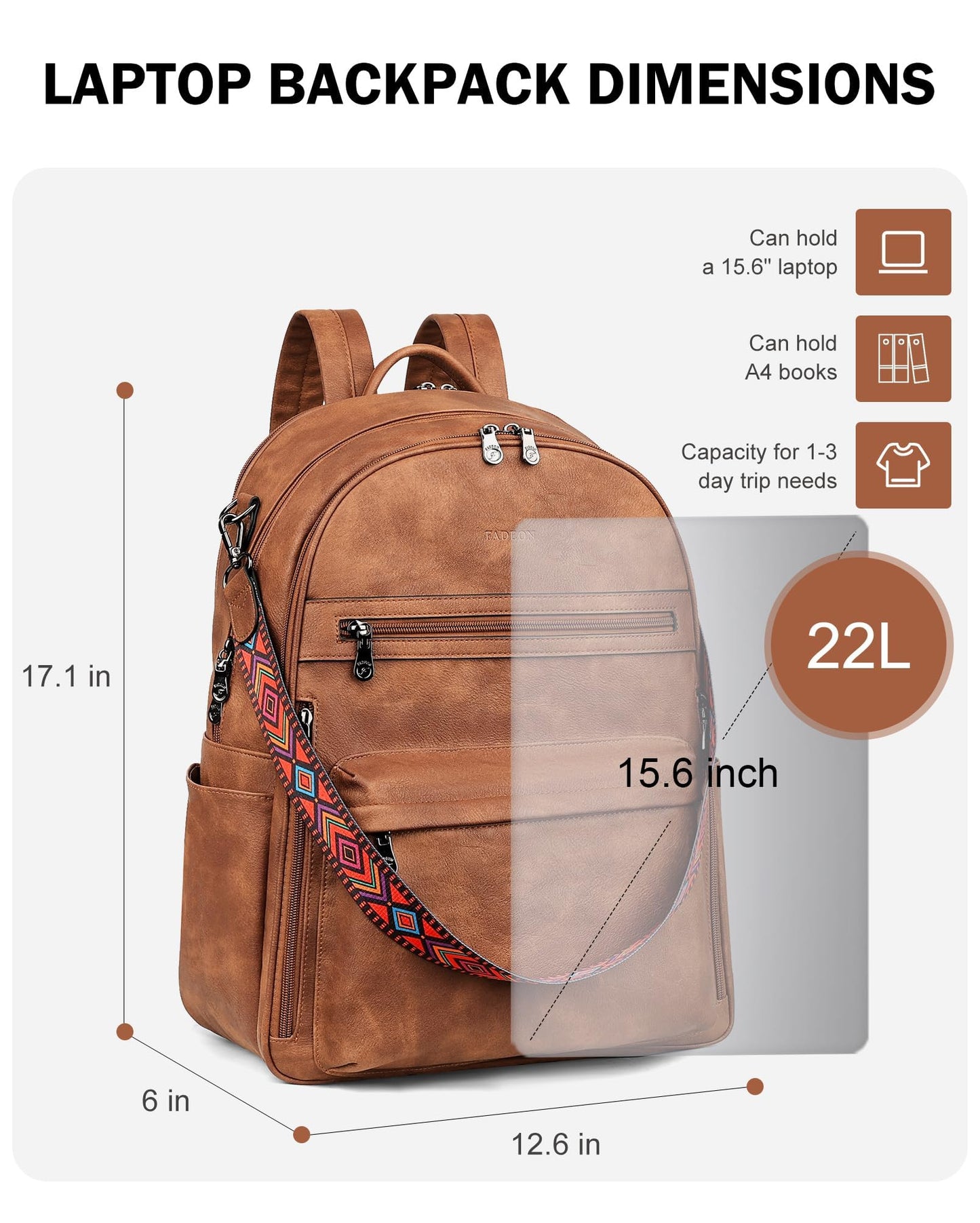 FADEON Laptop Backpack Purse for Women PU Leather 15.6 Computer Bag Desingner Travel Back Pack with Laptop Compartment, 1 Brown Retro Style, 12.6 x 6 x 17.1 inches, Leather Laptop Backpack Purse for