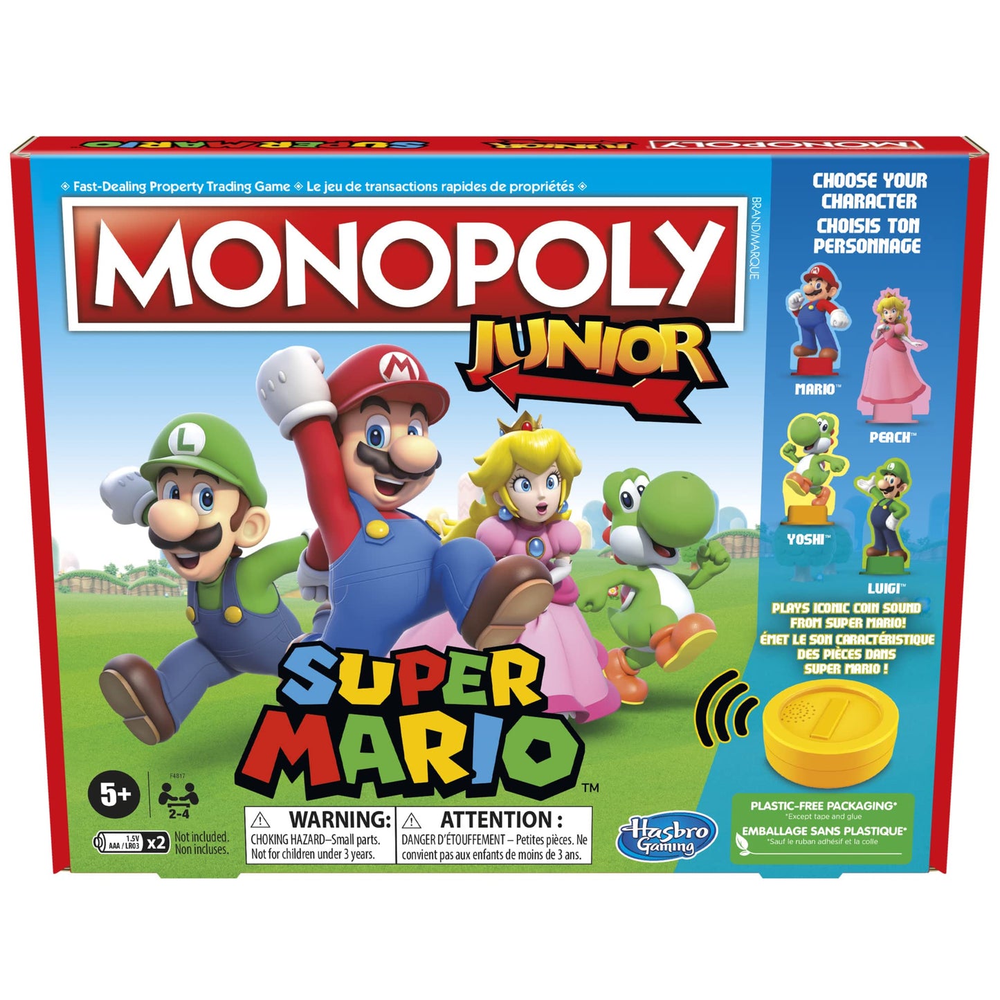 Monopoly Junior Super Mario Edition Board Game, Fun Kids' Game Ages 5 and Up, Explore The Mushroom Kingdom as Mario, Peach, Yoshi, or Luigi - English & French (Amazon Exclusive)