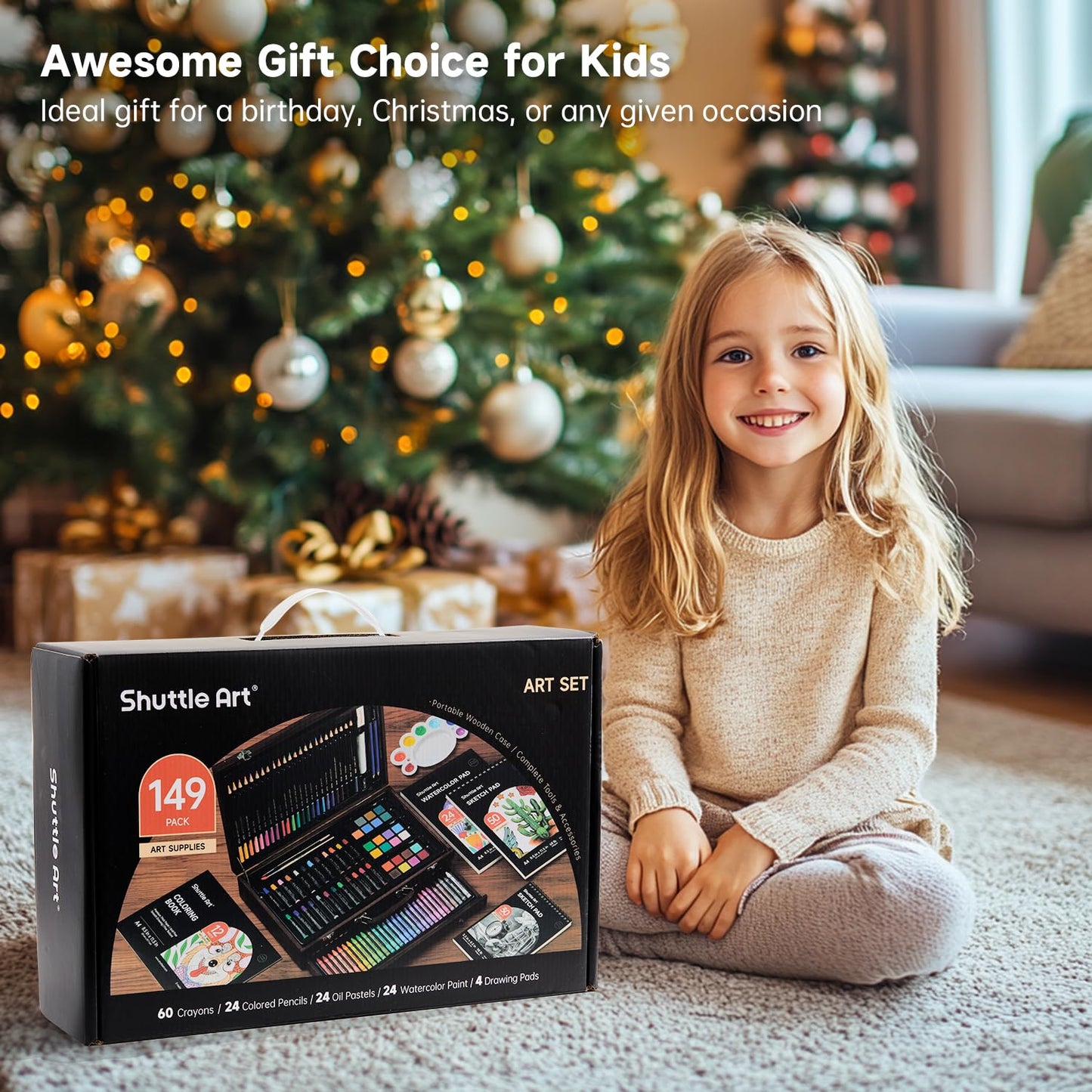 Shuttle Art Deluxe Art Set, 149 Piece Art Supplies in Wooden Case, Painting Drawing Art Kit with Acrylic Paint Pencils Oil Pastels Watercolor Cakes Coloring Book Watercolor Sketch Pad for Kids Adults