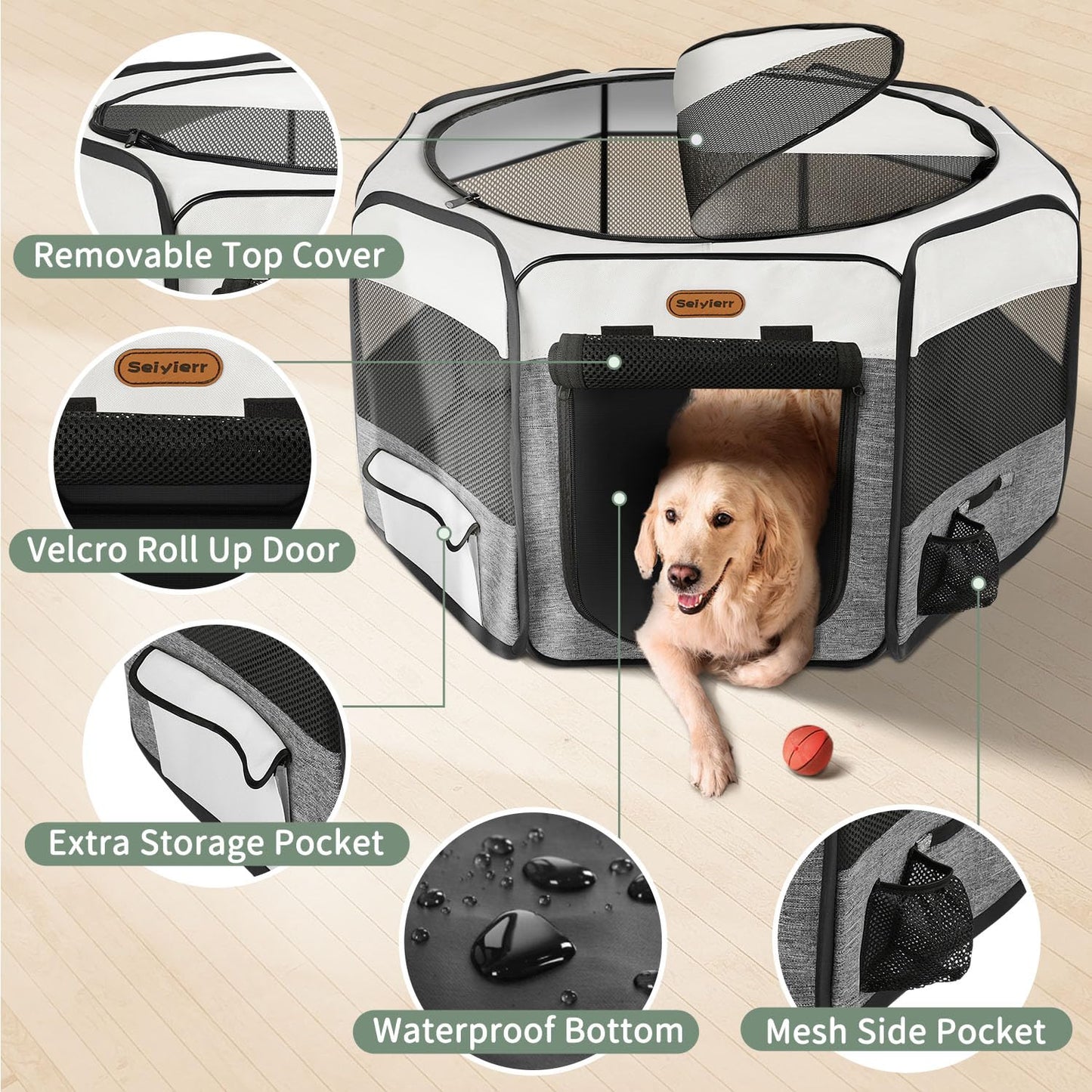 Seiyierr Dog Playpen, Portable Puppy Playpen, Pet Playpen, Dog Playpen for Small Dogs Cats Indoor Outdoor, Dog Play Pen with Carring Case, Removable Shade Cover