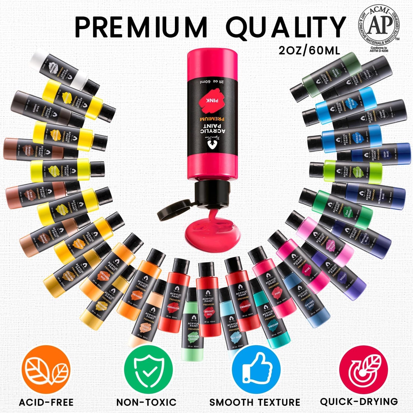 Acrylic Paint Set, 52 PCS Art Craft Paint Kit with 12 Brushes, 2oz/60ml Bottles, Gifts for Artists Adult Beginners Painting on Canvas Rocks Wood Ceramic Fabric Premium Art Supplies (36 Classic Colors)