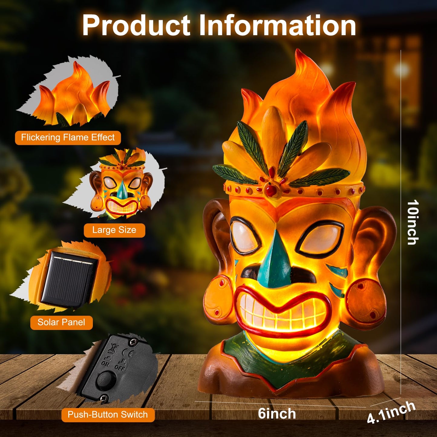 WINTS Solar Tiki Statue,Outdoor Tiki Statue with Solar Light,Flickering Flame Tiki Decor for Bar Yard Garden Patio Decoration -10 x 6 x 4.1 Inches