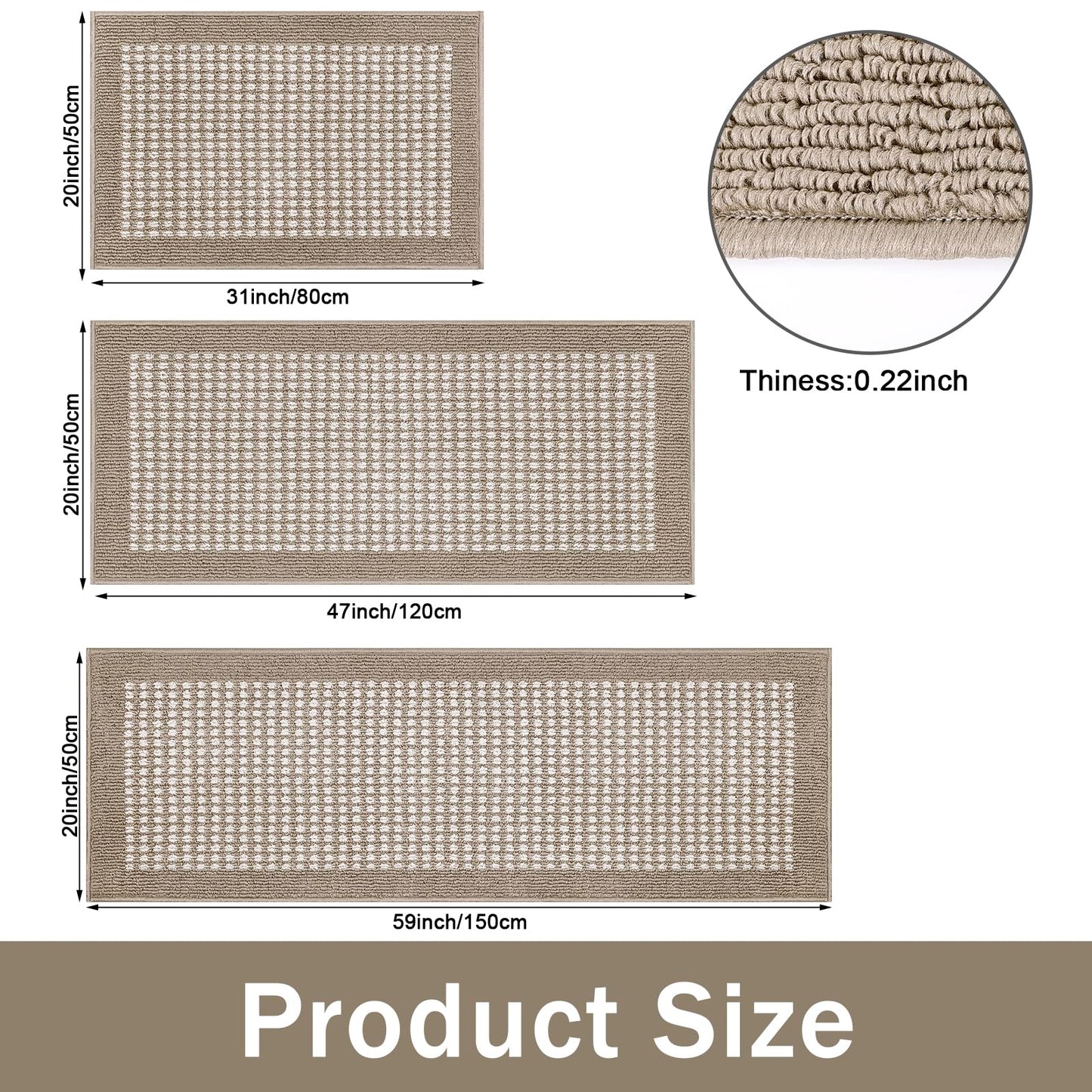 Ileading Kitchen Mat Sets 3 Piece Minimalist 3D Lattice Kitchen Floor Rugs with Non Slip Rubber Backing Machine Washable Farmhouse Runner Rugs for Laundry Hallway Doormat(Beige)
