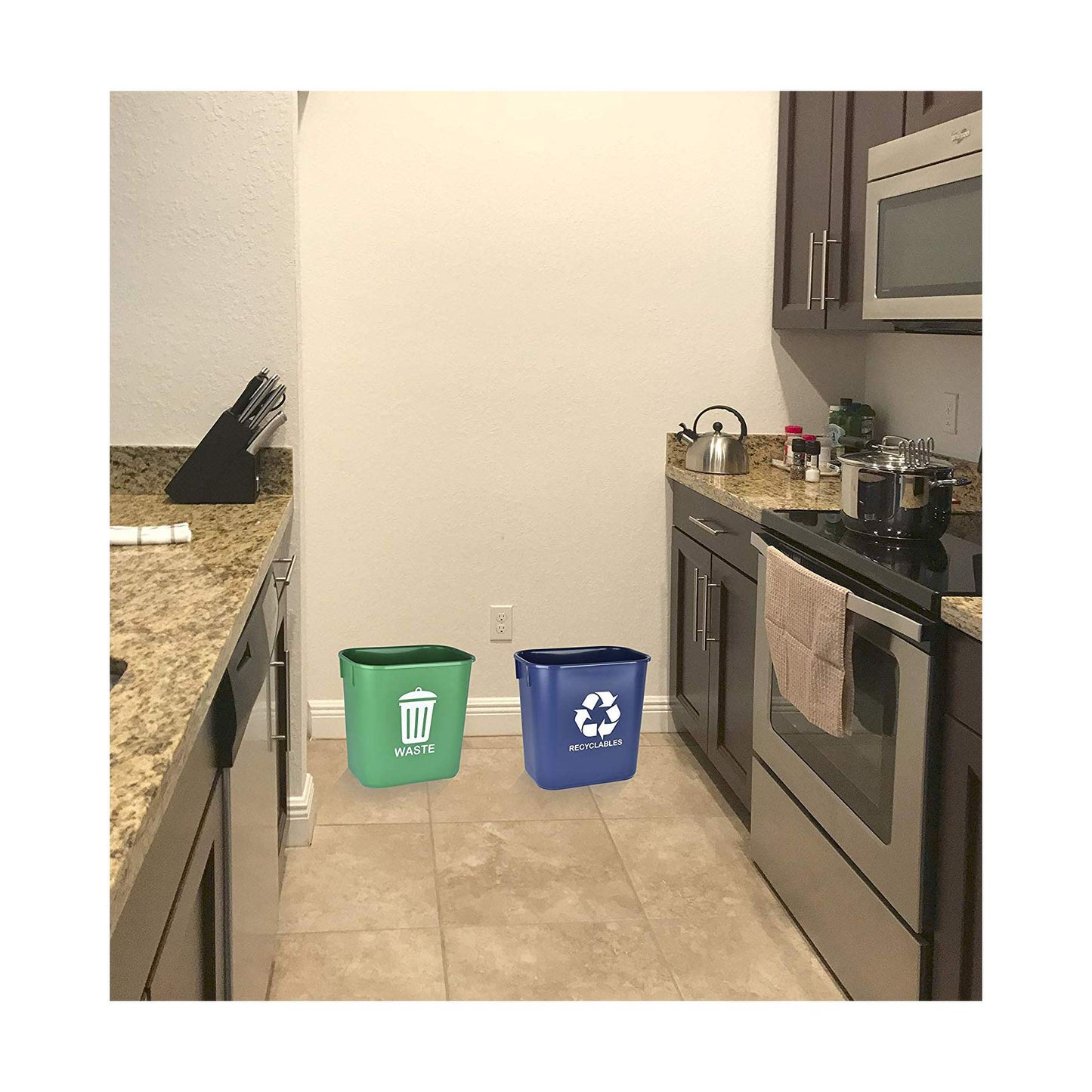 Acrimet Wastebasket Bin for Recycling and Waste, 3.25 Gallon/ 13 Quart/ 12 Liter (Plastic) (Green and Blue) (Set of 2)