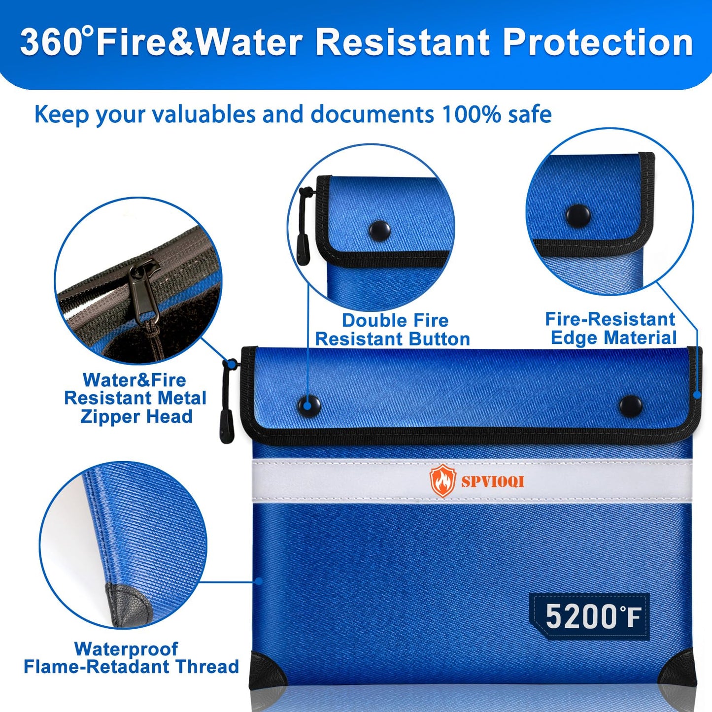 Upgraded Fireproof Document Bag - with 5200°F Heat Insulated, 14.2"x11" Fireproof Money Bag for Cash, 8 Layers of Functional Materials, Water Fire Proof Bag with Zipper/Metal Snap/Reflective Strip