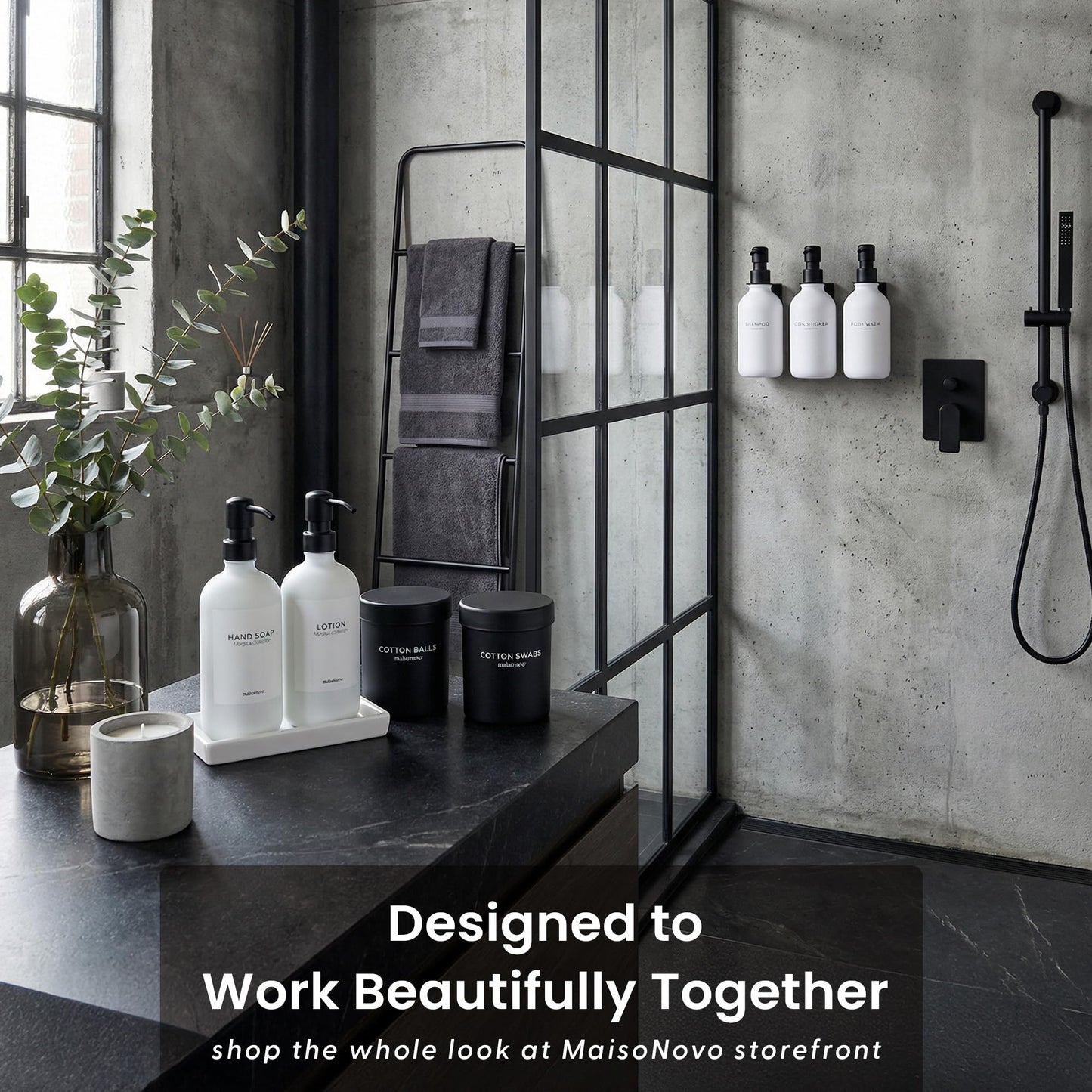 MaisoNovo Bathroom Soap Dispenser Set - Soap and Lotion Dispenser Set with White Soap Dispenser, Black Pumps & Concrete Tray
