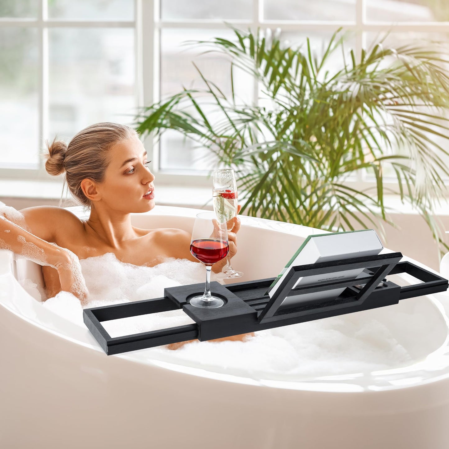 Utoplike Black Bathtub Trays, Bamboo Bath Trays for Bathtub, Expandable Bathtub Caddy Tray, Bath Tub Table Shelf with Adjustable Arms, Bathroom Trays for Books/Tablets/Cell Phone/Towels/Foods