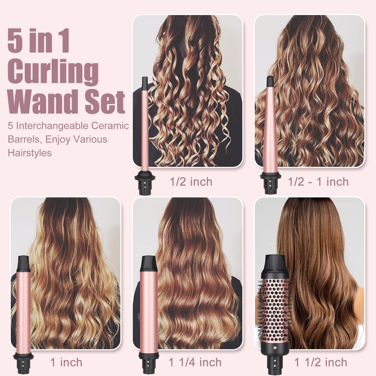 5 in 1 Curling Wand Set - SIQUER Curling Iron Set 1/2 to 1 1/4 Inch Beach Waves Wands 1 1/2 Inch Thermal Brush Fast Heating Up Hair Curlers for Women with Protective Gloves Clamps (Rose, Black)