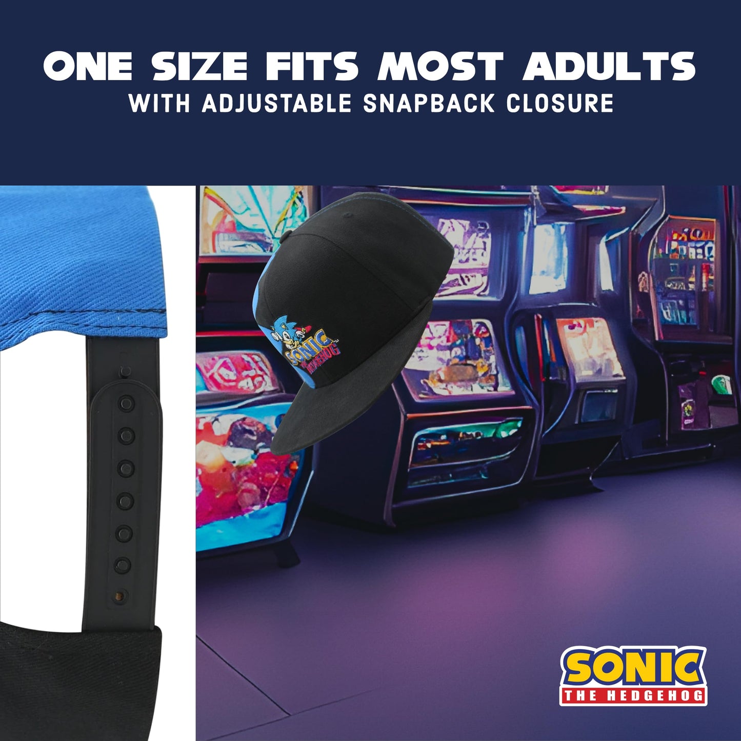 Concept One Sonic The Hedgehog Snapback Cap, Adjustable Snapback with Flat Brim, Black, Black, One Size