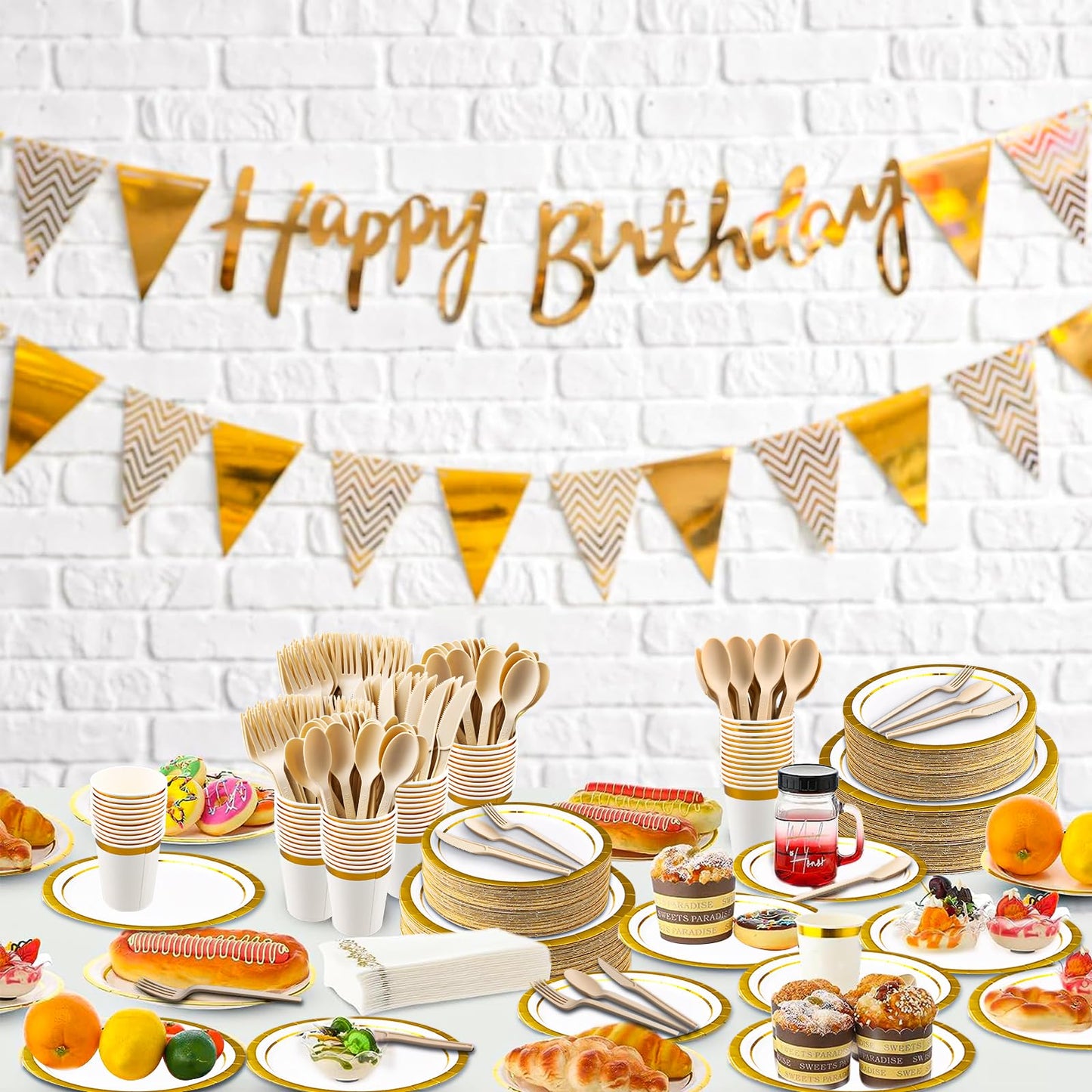 350 Pieces Gold Rim Party Supplies - Disposable Dinnerware Set Include 50 Dinner Plates, 50 Dessert Plates, 50 Cups, 50 Napkins and 50 Cutlery Set for Wedding Baby Shower Engagemen Christmas Party