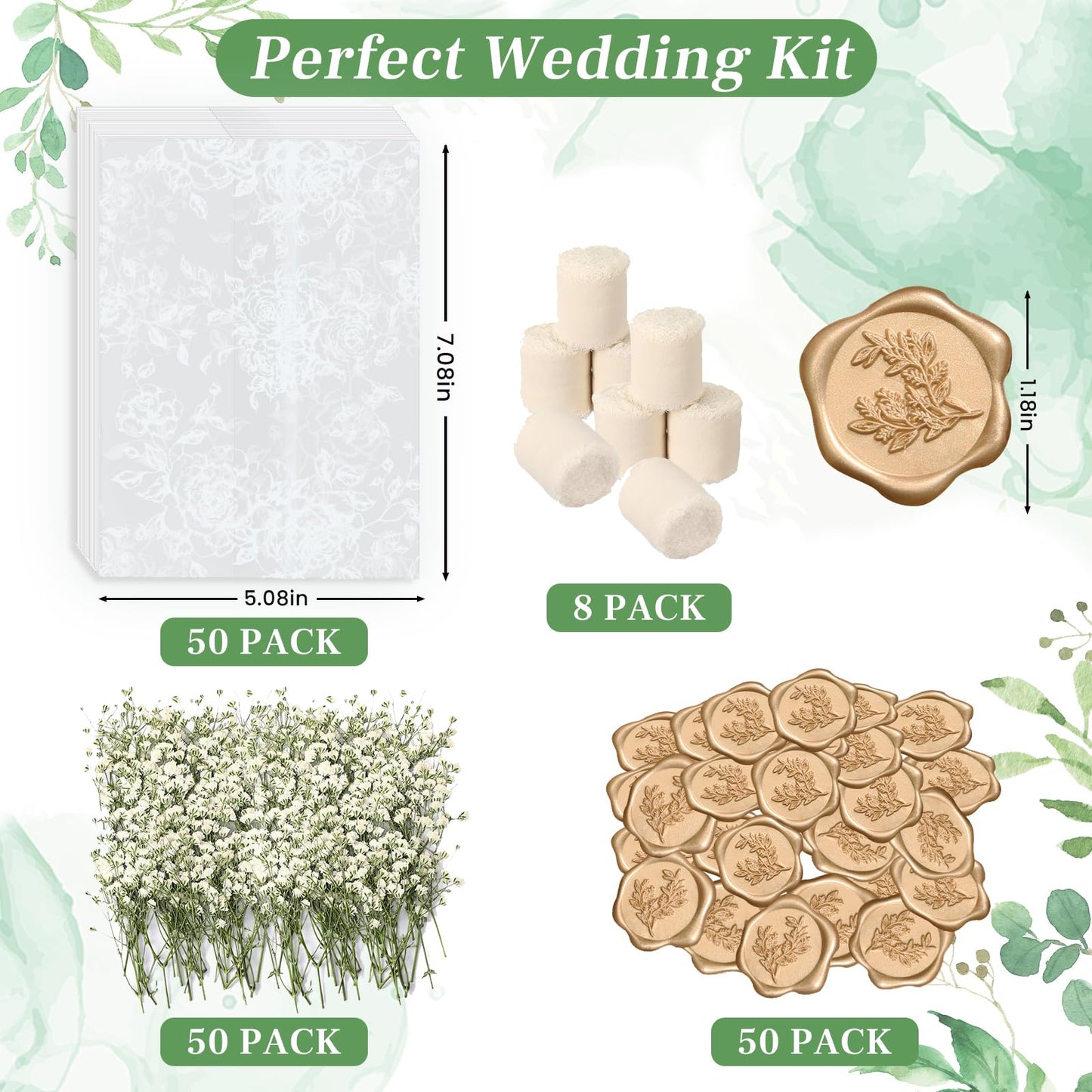 Wedding Invitation Accessories Kit, Pre-Folded Vellum Jackets for 5×7 Invitations with Wax Seal Stickers, Ribbon & Dried Flowers, Wedding Invitation Accessories for DIY Bridal Invites (50, White, Rose)