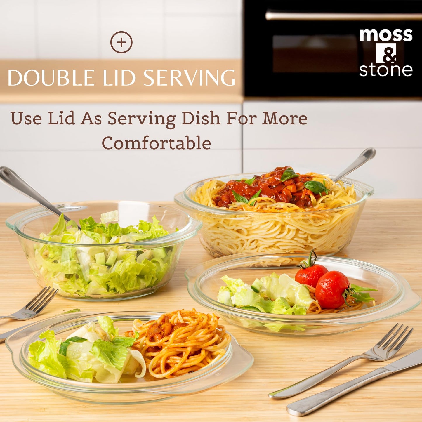 Moss & Stone Basics 3-Piece Glass Casserole Set, Borosilicate Glass, 3 Round Dishes With Lid, Oven & Microwave Safe