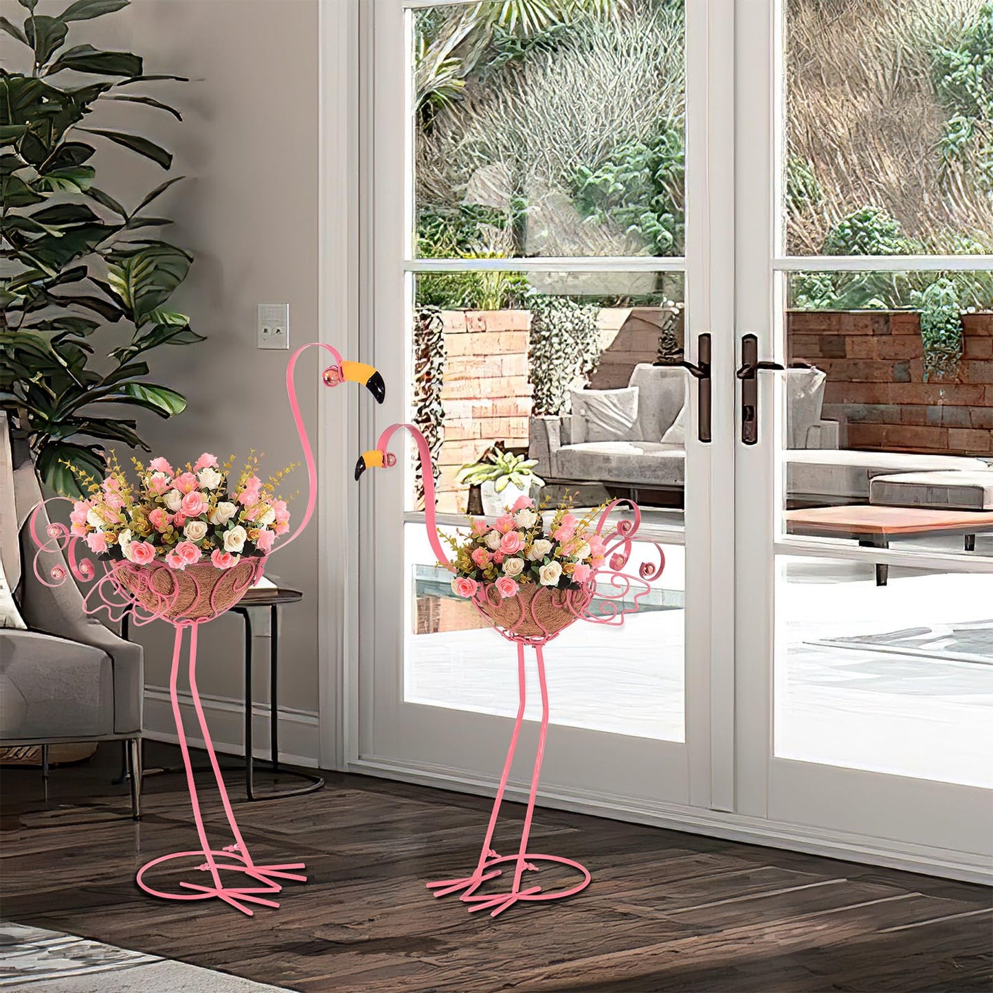2Pack Metal Flamingo Planters Plant Pots, Pink Flamingo Flower Pots with Basket for Indoor Outdoor Garden Yard Patio Porch Decor (Pink)