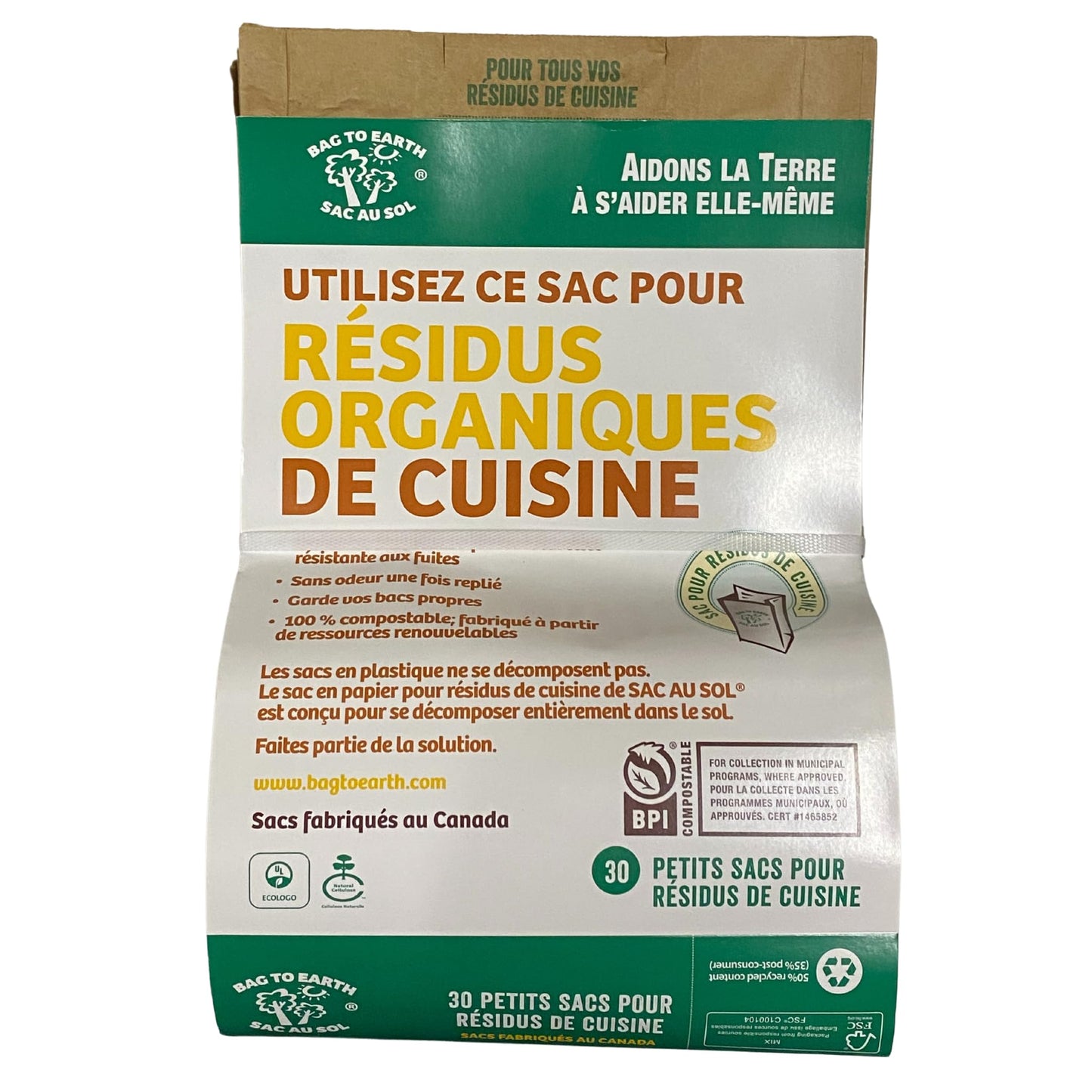 Bag to Earth - Kitchen Food Waste Bag - Compostable Bag - Leak Resistant -%100 Paper Cellulose Liner - Small - 30 Bags