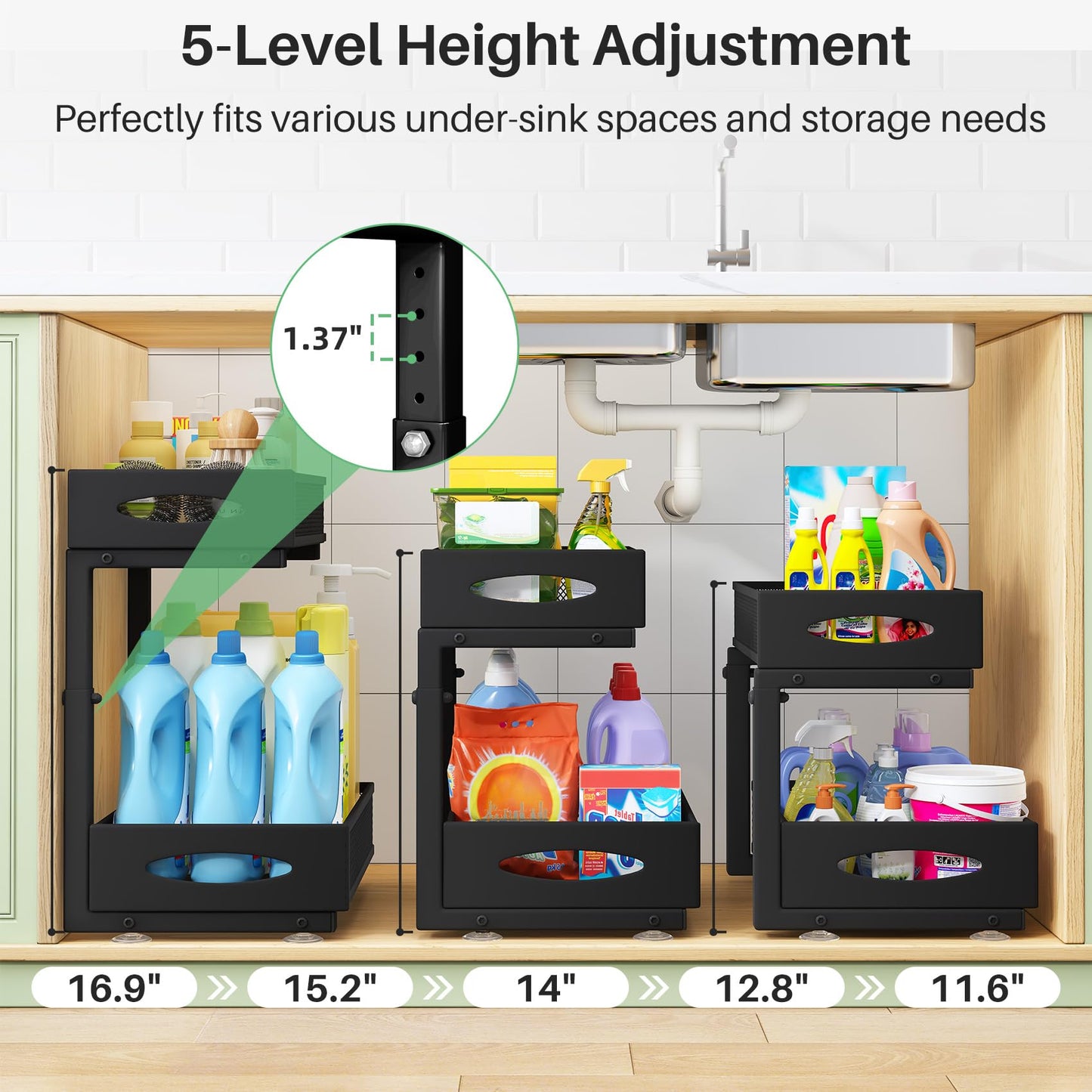 Under Sink Organizer, 2 Tier Pull out Cabinet Organizer Baskets with Mesh Sliding Drawers, Slide out Storage Shelf for Home, Kitchen, Bathroom, Pantry, Office Cabinet(2 Pack)