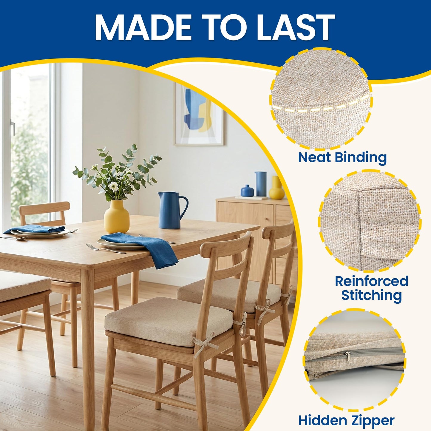 kingphenix Dining Chair Cushions Set of 4, 2.5 inch Thick Kitchen Chair Pads with Ties, Non Slip Bottom, Removable Washable Cover, 17” x 16”, Beige