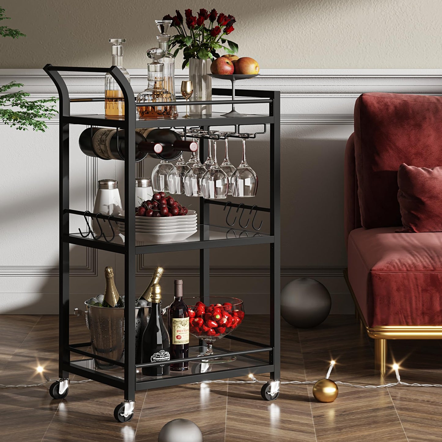 TUTOTAK Bar Cart, Home Bar Serving Cart with 3-Tier Mirrored Shelf, Wine Cart, Drink Cart, Mobile Kitchen Shelf, Black BC01BK034CA