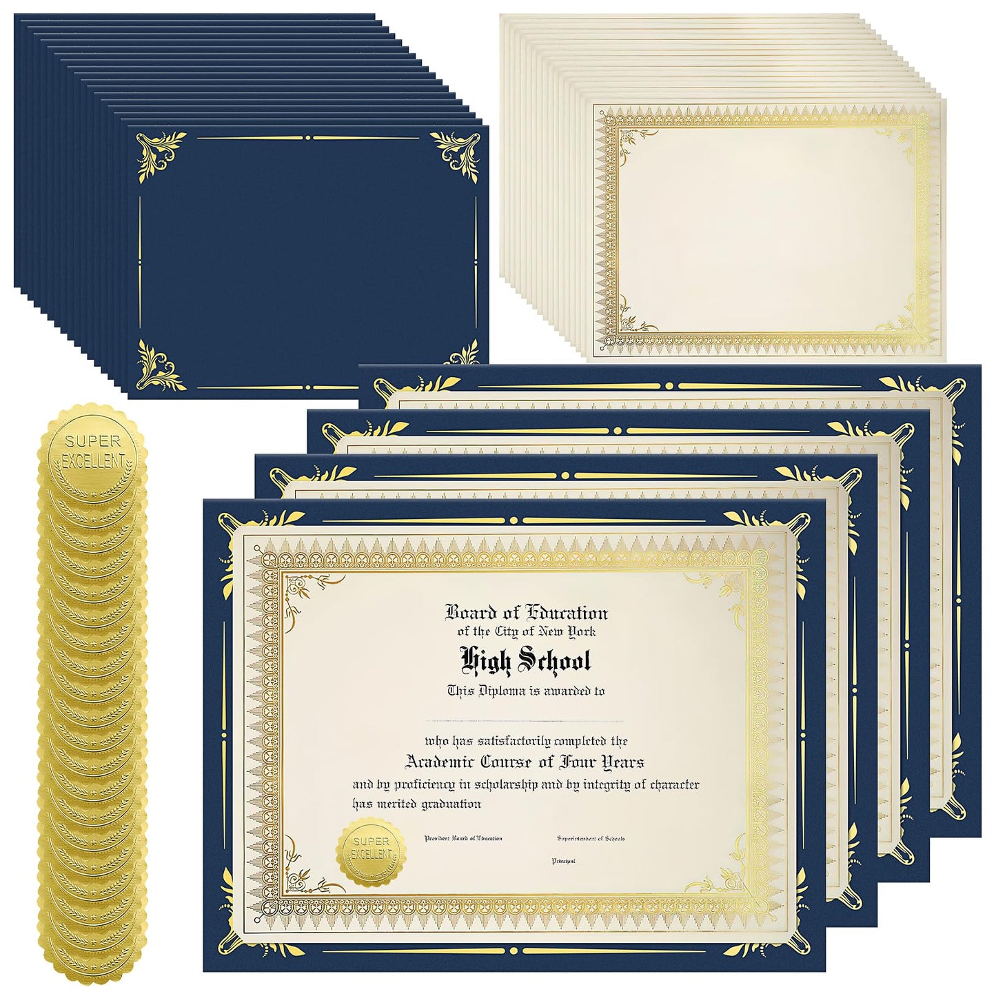 50 Sets Certificate Kit Includes 50 Pcs 9.5 x 12 Inch Certificate Holder 50 Certificate Paper and 50 Certificate Seals Stickers for Graduation Diploma Award Accomplishment (Navy Blue, Gold)