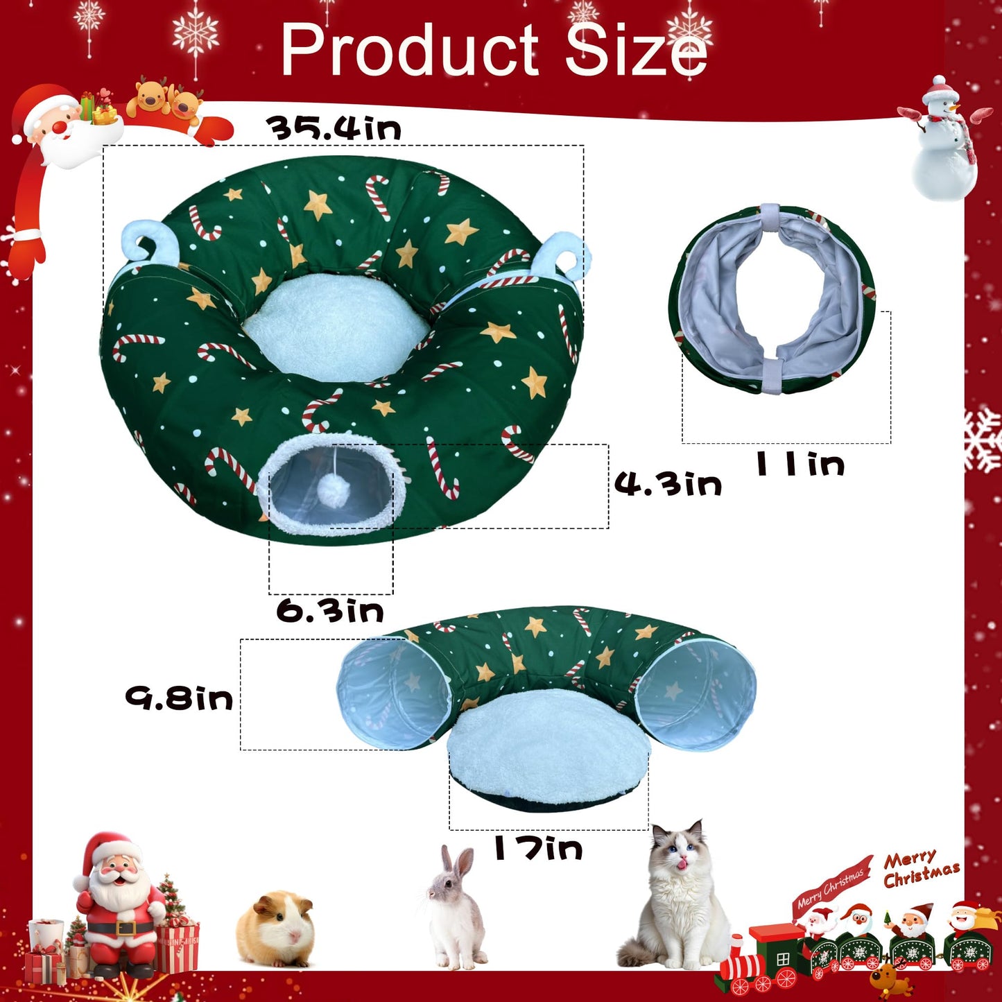 LUCKITTY Cat Tunnel Bed in Christmas Style with Star, Crutches Candy, and Snowflakes Patterns - 3FT x 3FT x 9.8 INCH Size Green Decorative for Festive Felines