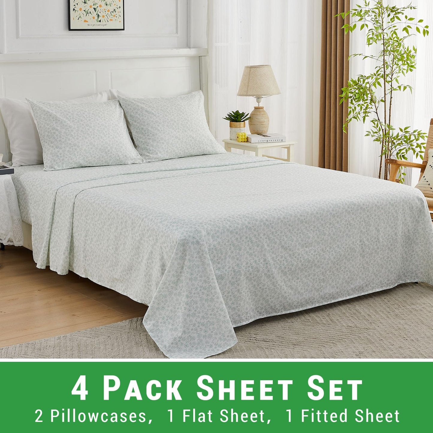 Gogreen 100% Cotton Sheet Set Queen Size, Light Geen Floral, 4PC Set, Breathable Bed Sheet for Hot Sleeper and Night Sweats, Deep Pocket Up to 16 Inches