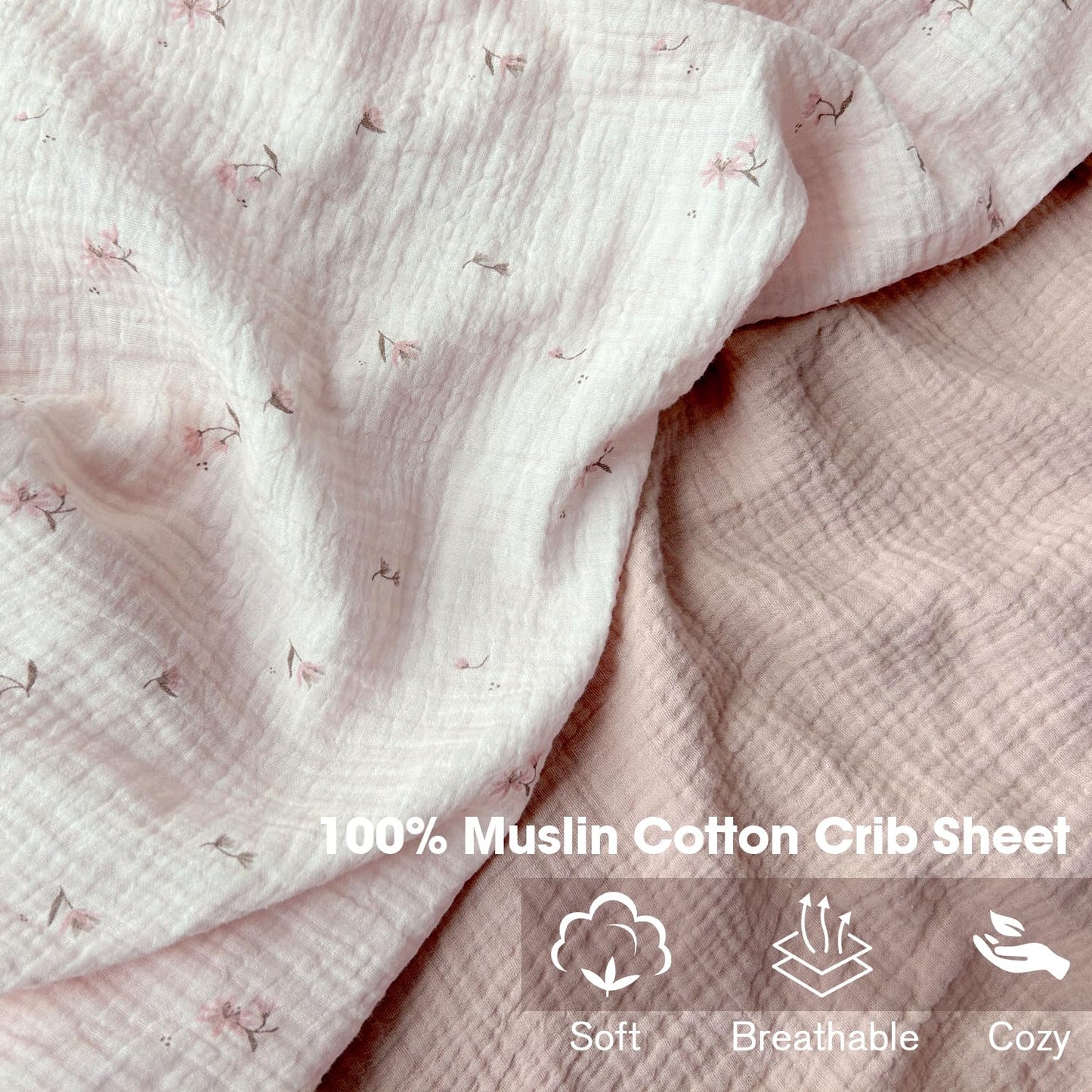 Little Grape Land Muslin Crib Sheets, 100% Cotton Sheets 2 Pack for Standard Crib and Toddler Bed Mattress, 52"x28" Soft Breathable Neutral Crib Sheets Fitted for Boys Girls(Fog Flower)