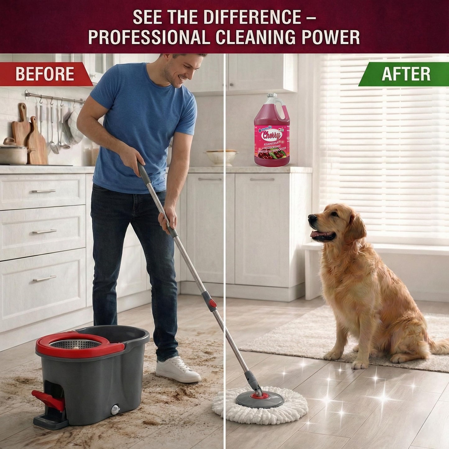 atoms-Bio CHERRY 3-in-1 Odor Eliminator & Sanitizer Concentrate – Industrial Cleaner & Deodorizer for Floors, Carpets, Bathrooms, Drains, Garbage, Pet Odors - CFIA Accepted - 3.78 L -Made in Canada