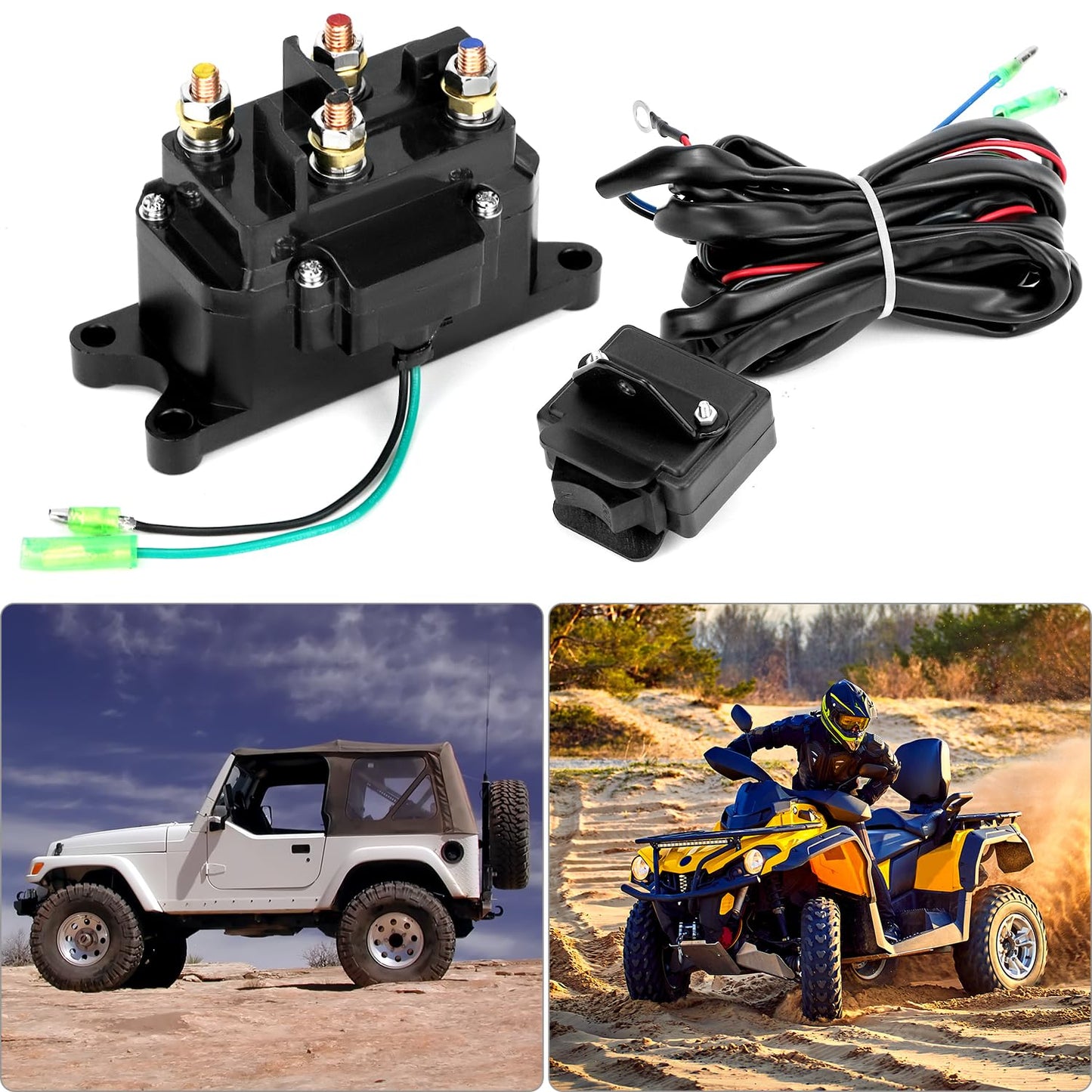 QWORK 12V 250A Winch Solenoid Relay Contactor, Compatible with ATV/UTV | 2000-5000 lbs Winch, with Rocker Thumb Switch Kit
