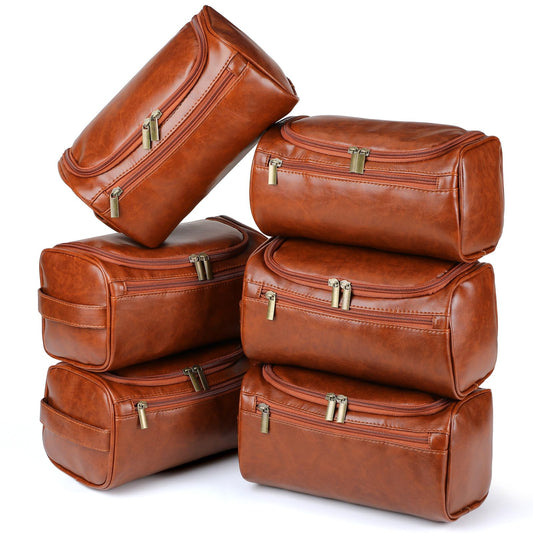 Aliceset 6 Pcs Groomsmen Gift Groomsmen Toiletry Bags Set of 6 Leather Toiletry Bag for Men with Hook Leather Wedding Proposal Bag with Side Handle Father Gift(Brown)