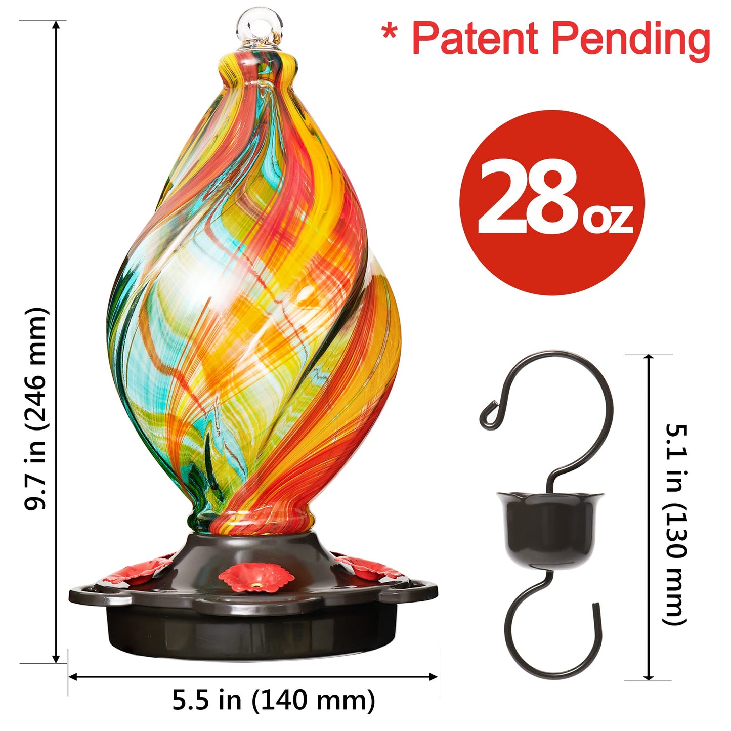 LUJII Ice Cream Shaped Spiral Hummingbird Feeder for Outdoors Hanging, Hand Blown Glass, 28 fl.oz, Leak Proof & Rustproof, Unique Garden & Backyard Decor, Gifts for Bird Lovers or Gardeners, Ribbon