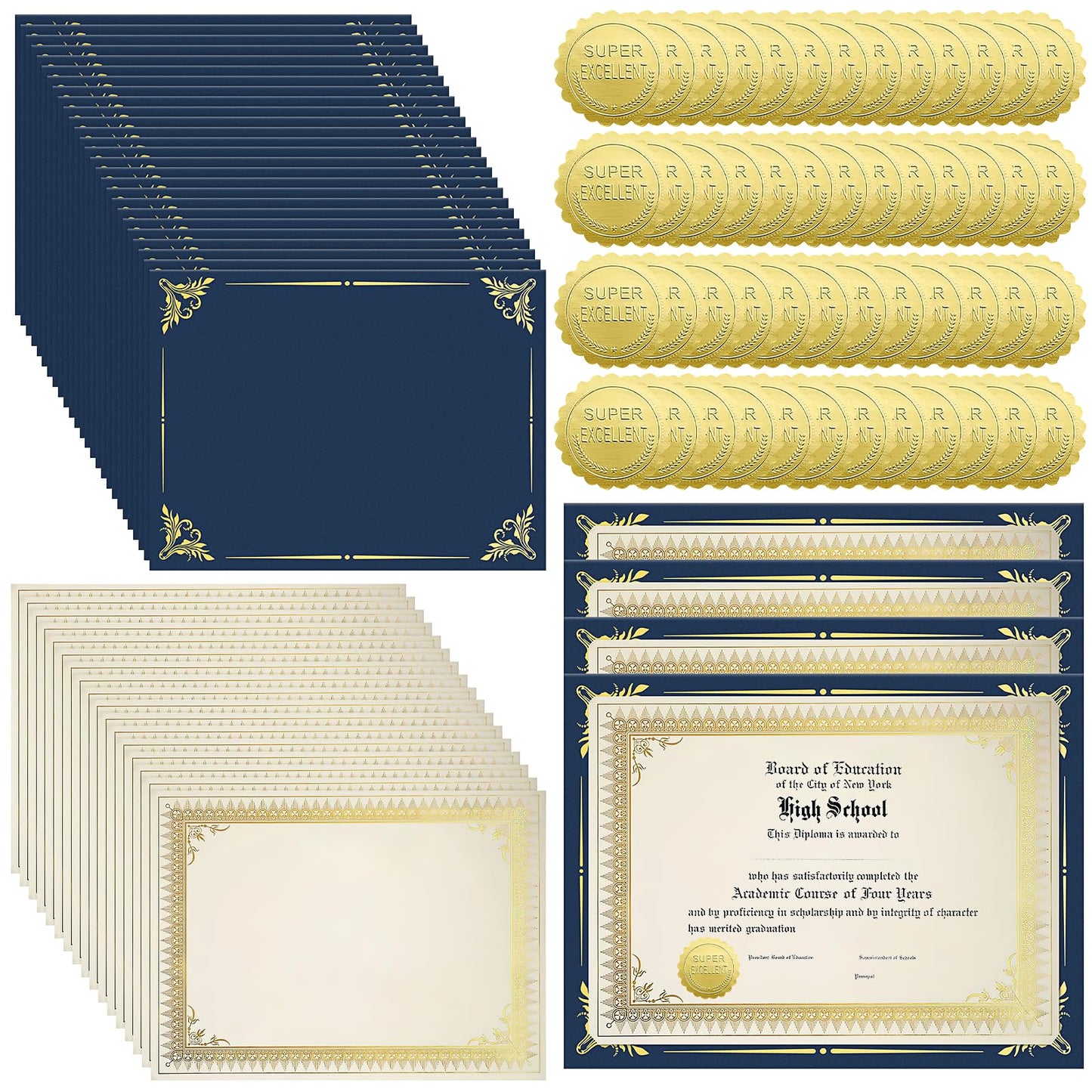 150 Pack Certificate Kit, Includes 50 Single Sided Certificate Holders & 50 Certificate Paper & 50 Gold Foil Award Seals for 8.5" x11" Certificates, Diploma, Documents, Award Cover (Navy Blue)