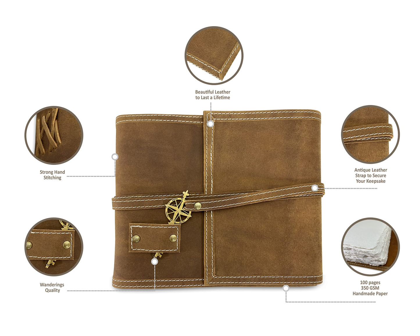 Wanderings Brown Leather Watercolour Journal - 6" x 8" (15.2 x 20.3cm) - Genuine Leather Art Journal with Handmade Deckle Edge Paper - 350 GSM Cold Press Paper