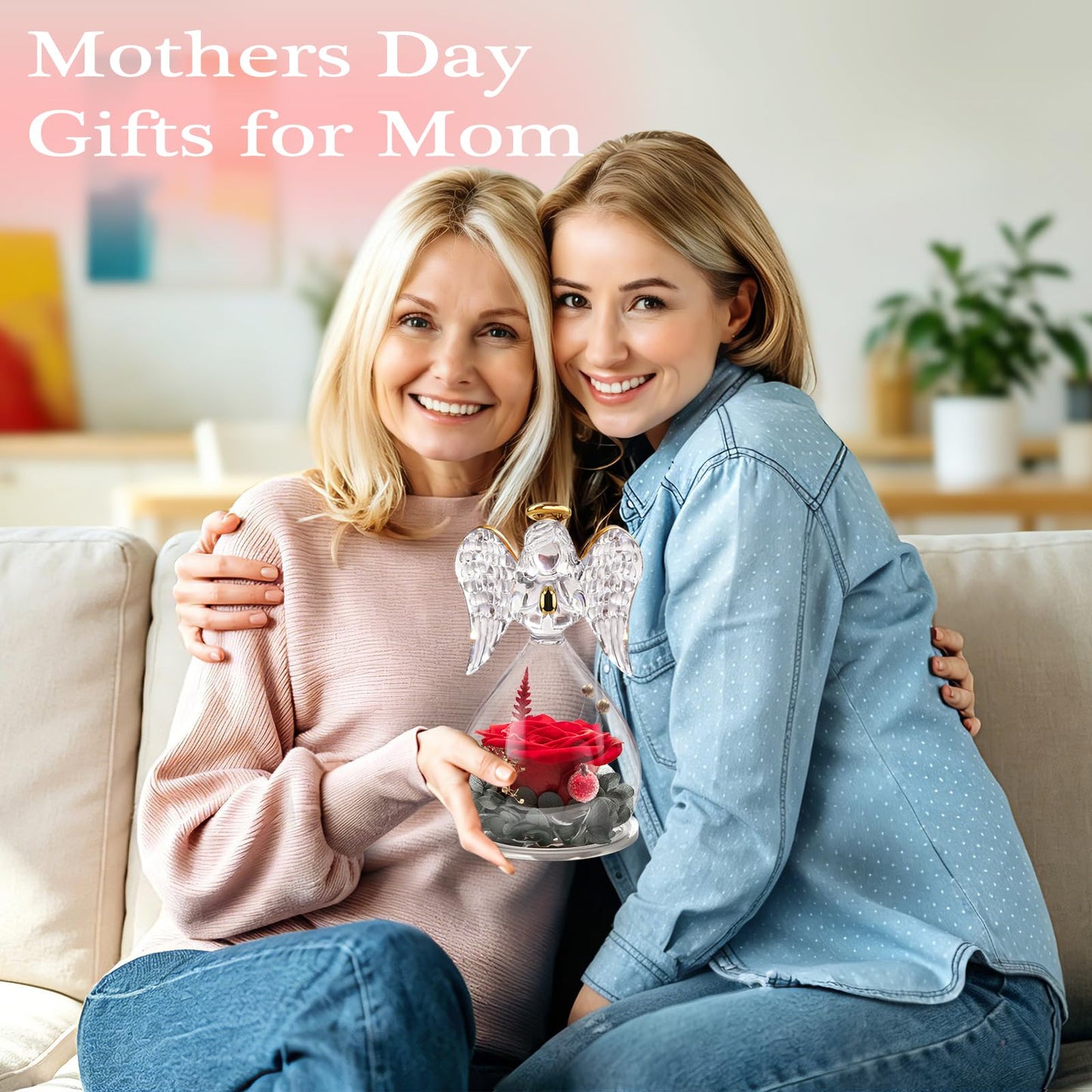Miofula Preserved Flowers Rose Birthday Gifts for Women, Angel Figurines with Forever Real Rose Gifts for Mom Her Grandma,Unique Angels Gifts for Mothers Day Christmas Valentines Day Anniversary (Red)