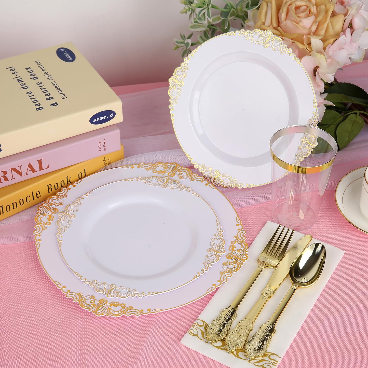 175PCS Gold Plastic Dinnerware White and Gold Plastic Plates for Party Include 25 Dinner Plates, 25 Dessert Plates, 25 Forks, 25 Spoons, 25 Knives, 25 Cups 25 Linen Napkins for Wedding, Birthday