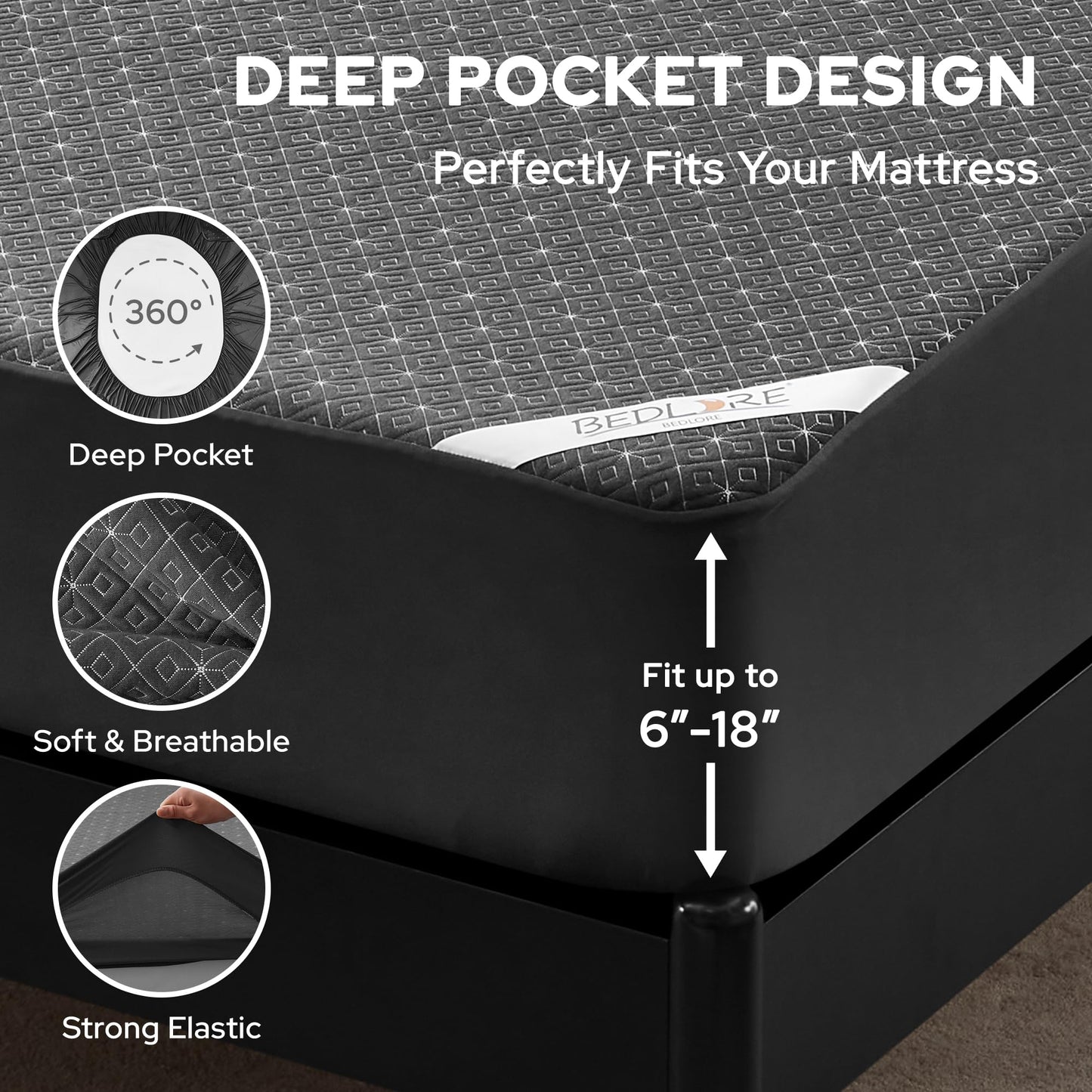 King Mattress Protector, Waterproof Noiseless Mattress Cover with Deep Pocket for 6-18 inches Mattress, Soft & Breathable Mattress Pad Machine Washable (Dark Gray)