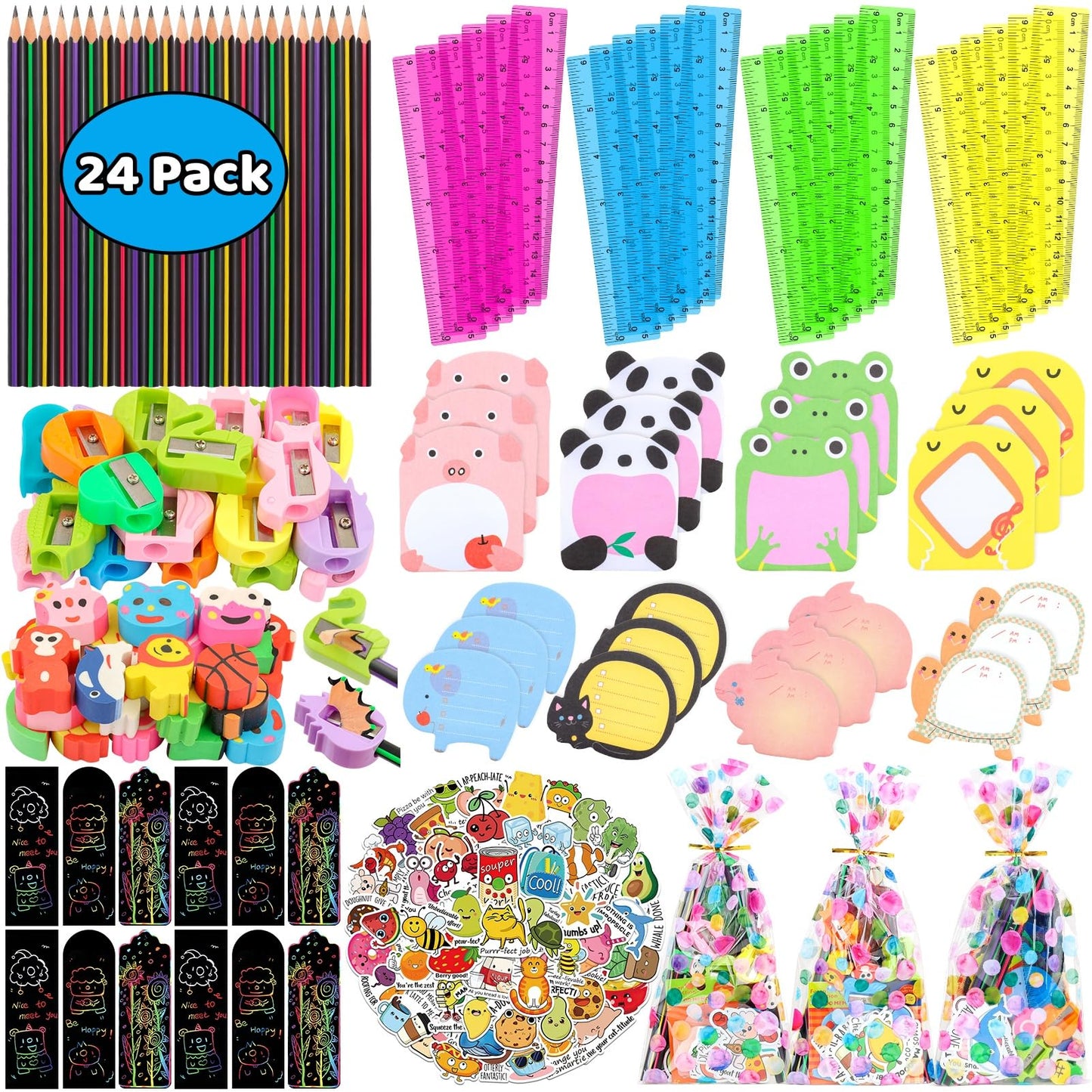 Stationery Party Packs, 24 Pack Birthday Goodie Bags for Kids with Pencils Rulers Erasers Perfect Classroom Rewards Student Gifts School Class Goodie Bag Return Gifts