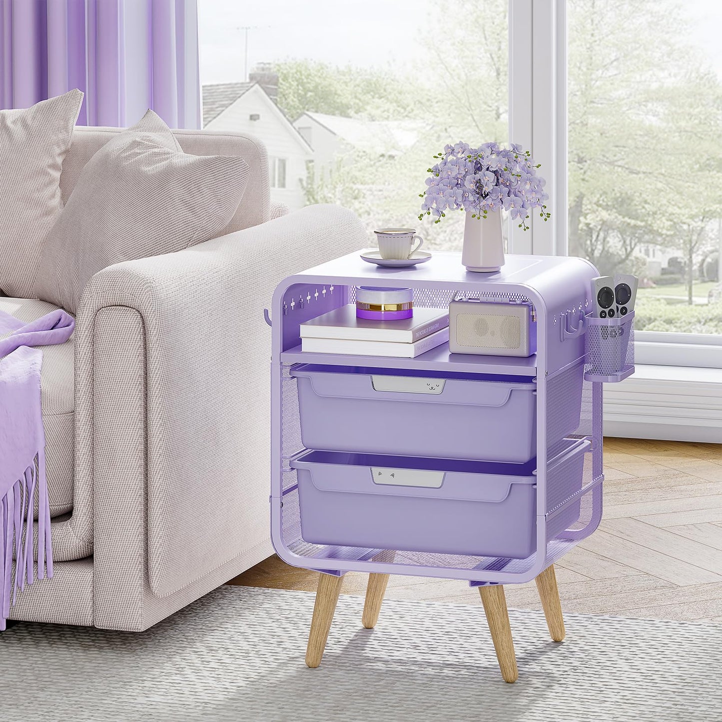 SYKIARIOL Kids Nightstand Side Table, Cute Bedside Table with Storage Drawer, Night Stand for Bedroom Furniture, Small Purple Nightstand for Living Room, Dorm,Office,Purple