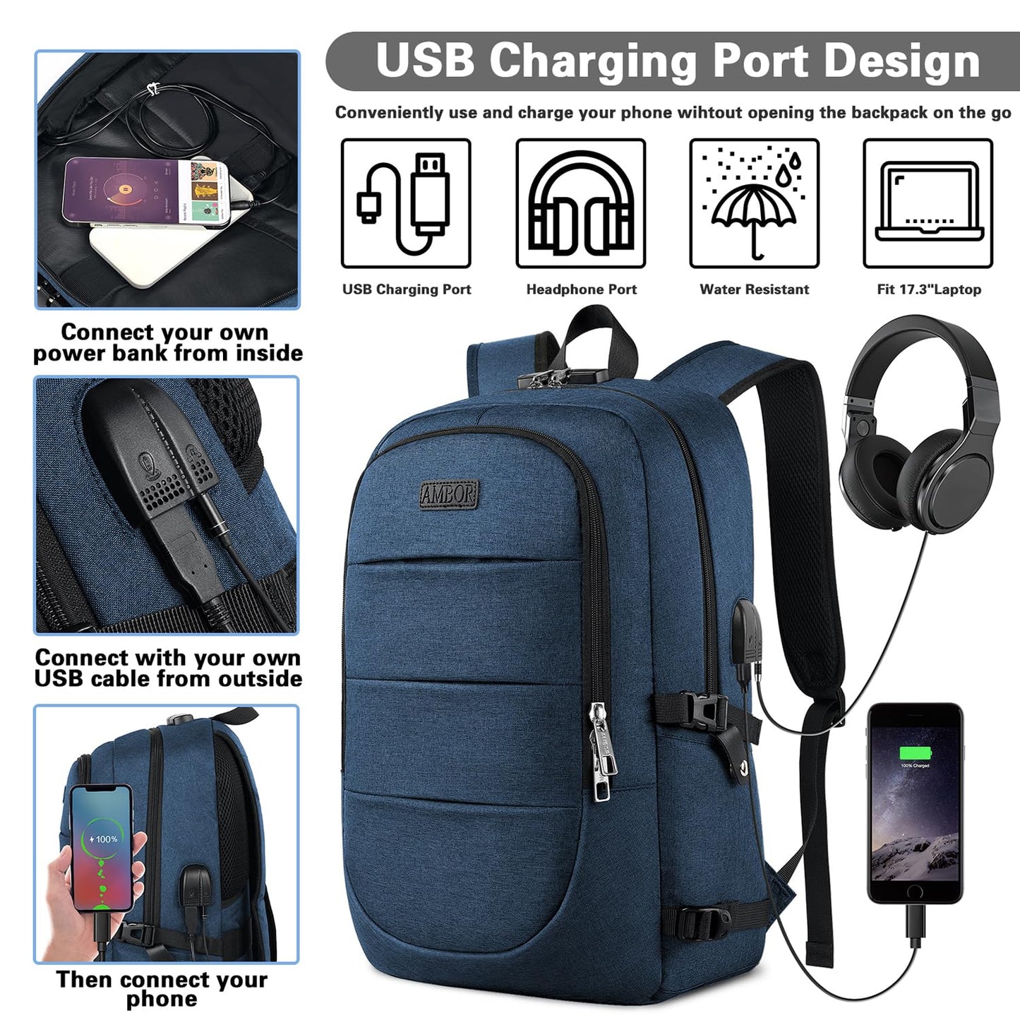 Travel Laptop Backpack, 17.3 inch Anti Theft Business Laptop Backpack with USB Charging Port and Headphone Interface, Computer Backpack for College School Student Work Men & Women Blue