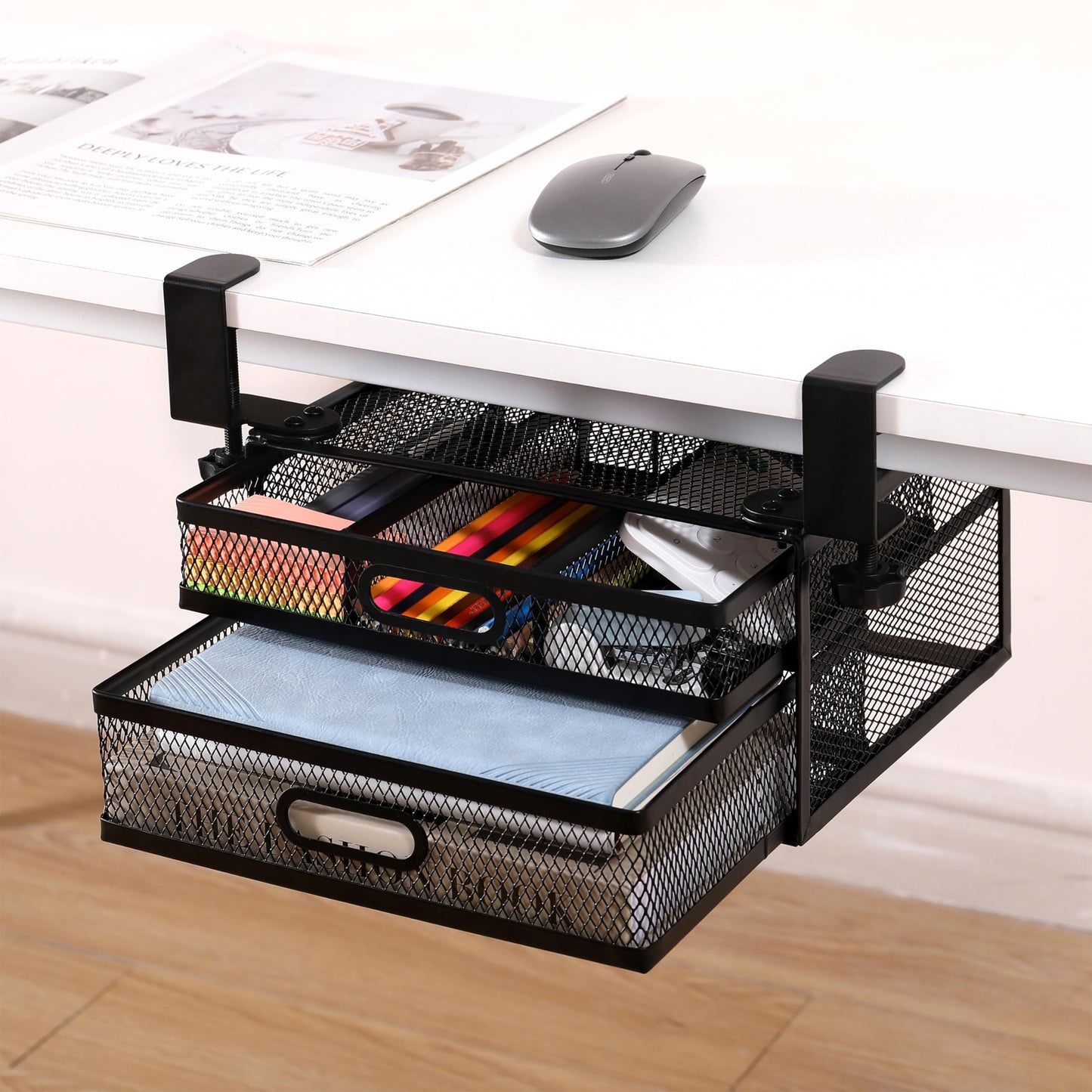 ROLIZOE Under Desk Drawer Organizer Clamp On with 2 Drawers Slide Out No Drilling Mesh Metal Drawer On Desktop Or Under Desk Storage Easy Install Anti-Slip Under Shelf Storage for Home & Office