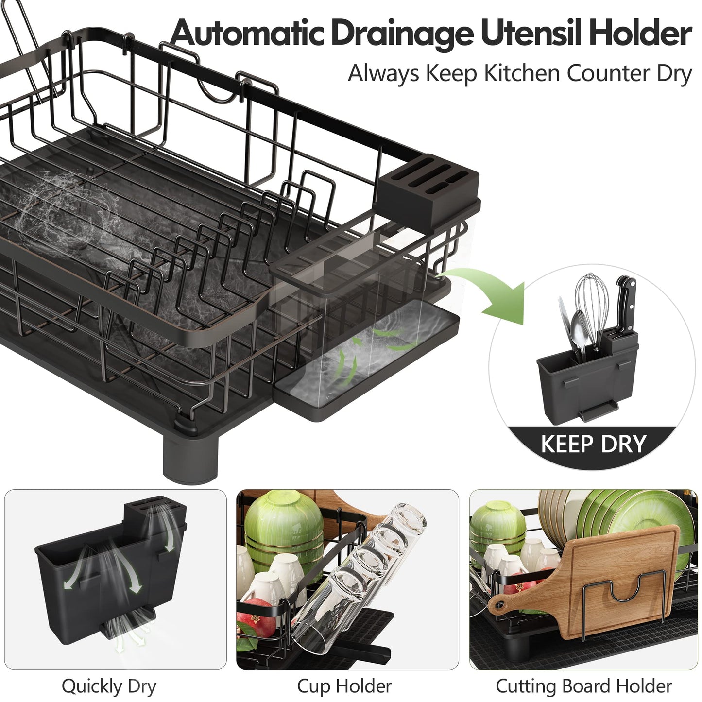 Boosiny Dish Drying Rack with Drainboard, Dish Racks for Kitchen Counter, Small Stainless Steel Kitchen Dish Drainer with Cutlery Holder, Cup Holder, Cutting-Board Holder and Extra Dry Mat