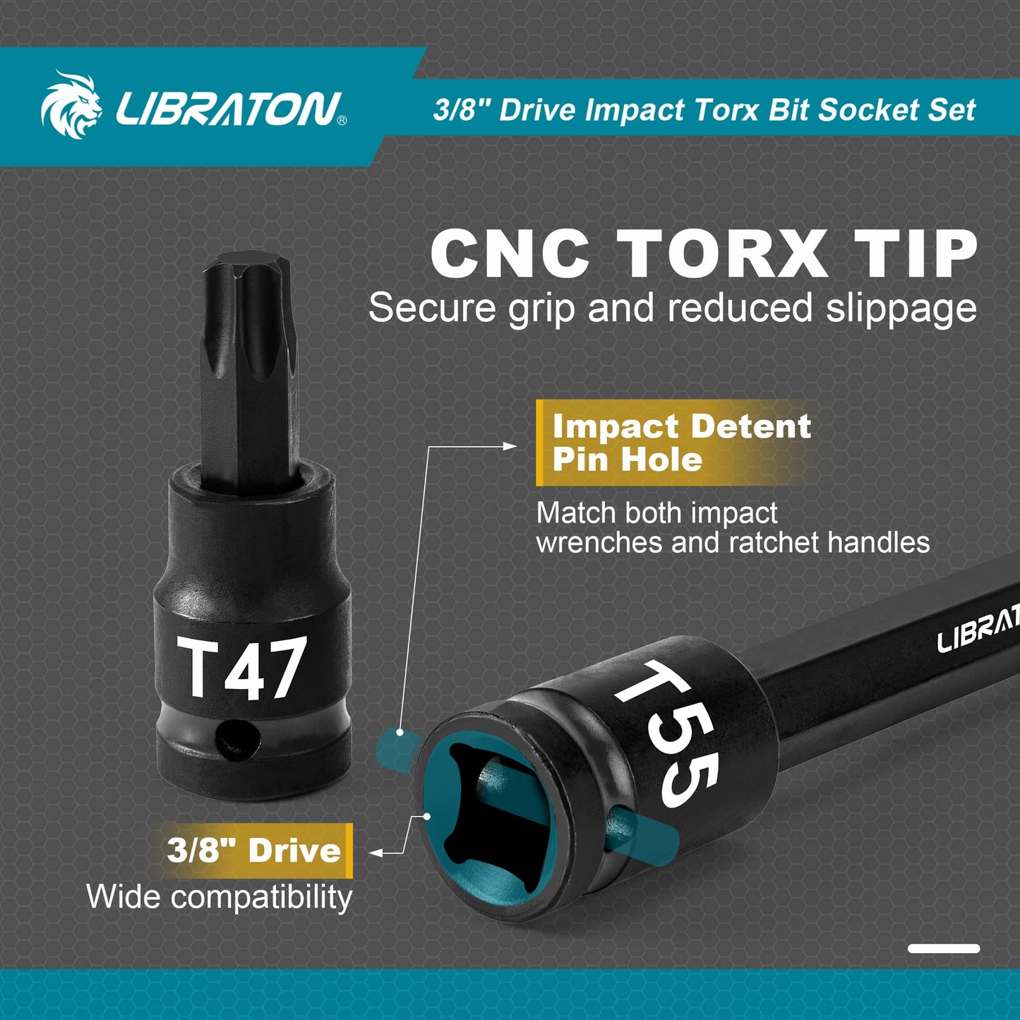 LIBRATON 3/8" Drive Impact Torx Bit Socket Set, Extra Long Torx Socket, S2 Alloy Steel Star Bit Sockets, 24PCS Torx Bit Set, Impact Torx Bit Set, T10-T60, 2in&6in Long Torx Bit Set, Blow Molded Box