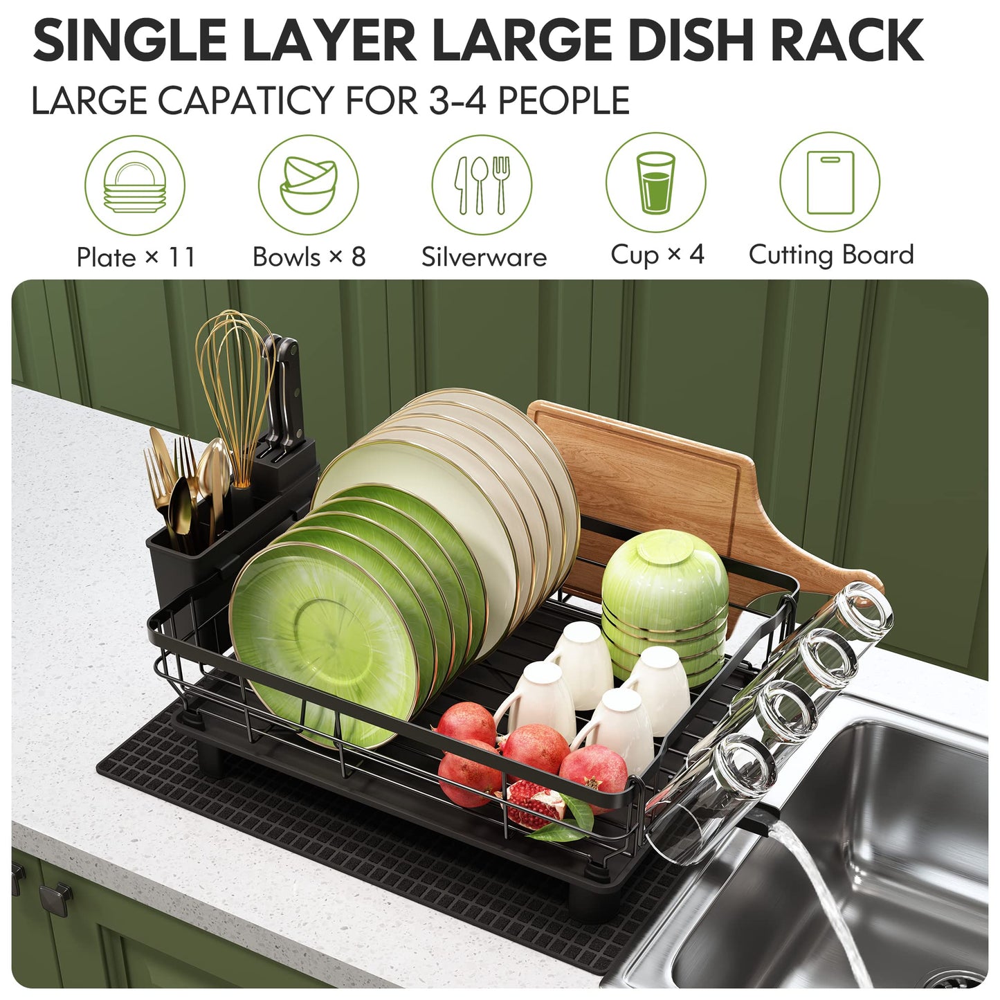 Boosiny Dish Drying Rack with Drainboard, Dish Racks for Kitchen Counter, Small Stainless Steel Kitchen Dish Drainer with Cutlery Holder, Cup Holder, Cutting-Board Holder and Extra Dry Mat